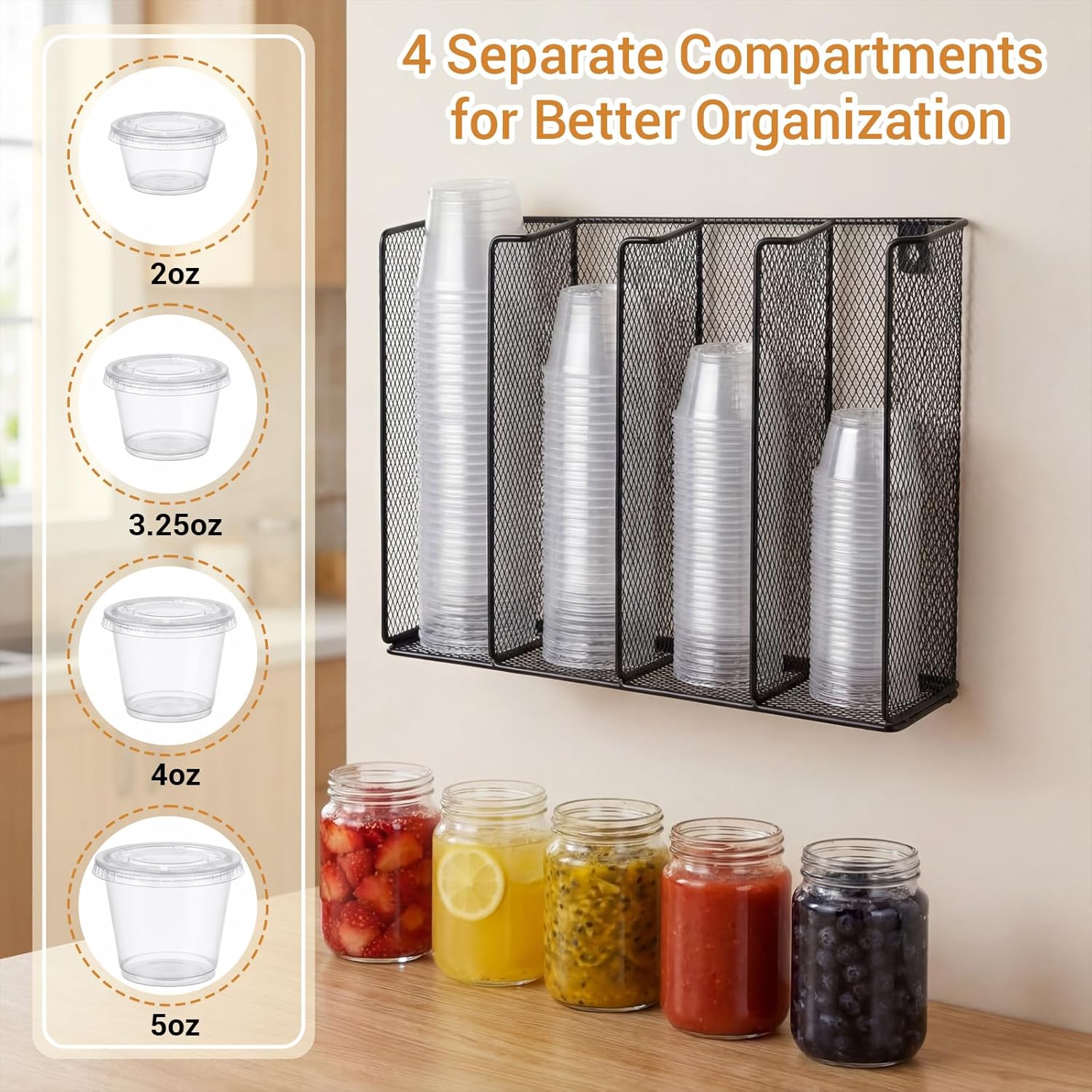 Thenshop 2 Pack Wall Mount Sauce Cup and Lid Holder - 4 Compartment Black Iron Dispenser Fits 2 to 5.5 oz Cups, Space Saving Organizer for Coffee Bar, Restaurant & Kitchen Counter, 13 x 10 x 3.26