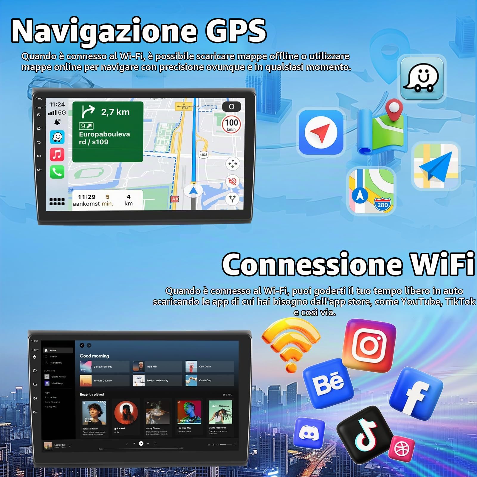 Autoradio per Fiat Bravo 2008-2013 con Wireless Carplay Android Auto, 2GB+ 64GB Bluetooth GPS Navigation WiFi FM/RDS Radio SWC EQ DSP Canbus+Telecamera Posteriore