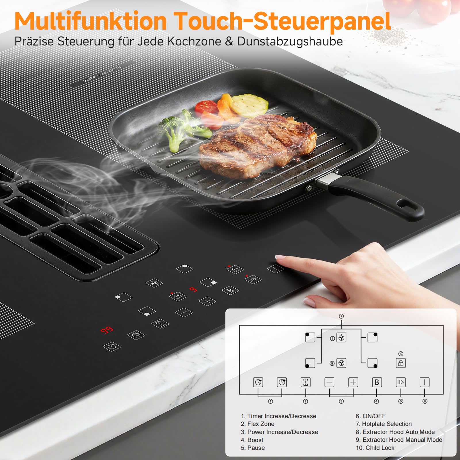 AMZCHEF Induktionskochfeld mit Integriertem Dunstabzug, 4 Kochzonen, 7200W Gesamtleistung, 650m³/h Automatische Hob2Hood-Belüftung, 9 Leistungsstufen, Timer & Kindersicherung, Boost & Flexzonen