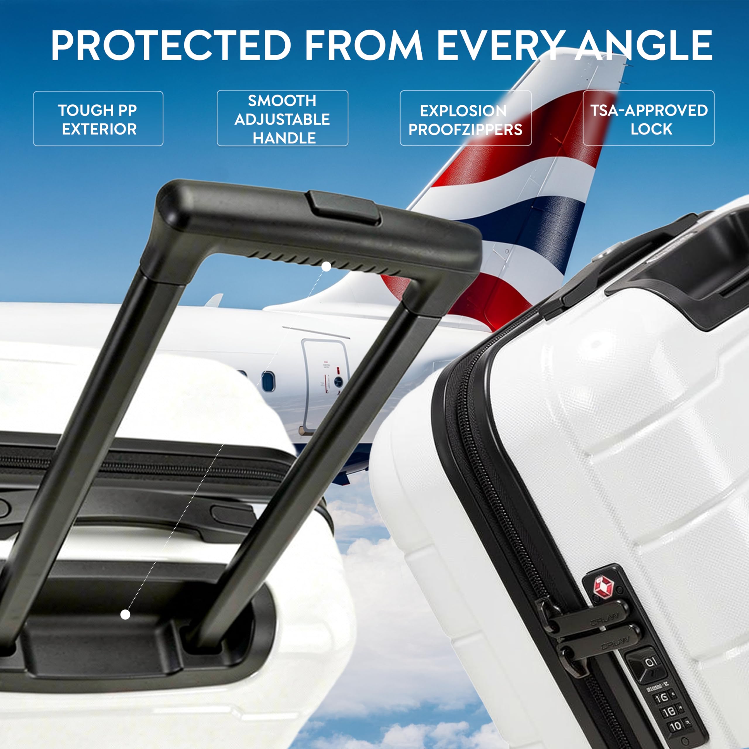 CRUW 5-Piece Luggage Set Expandable Polypropylene Suitcase Set TSA Locks 8 Silent Spinner Wheels Lightweight Nested Suitcases Travel Set easyJet British Airways Jet2 Airline-Approved Carry-On White