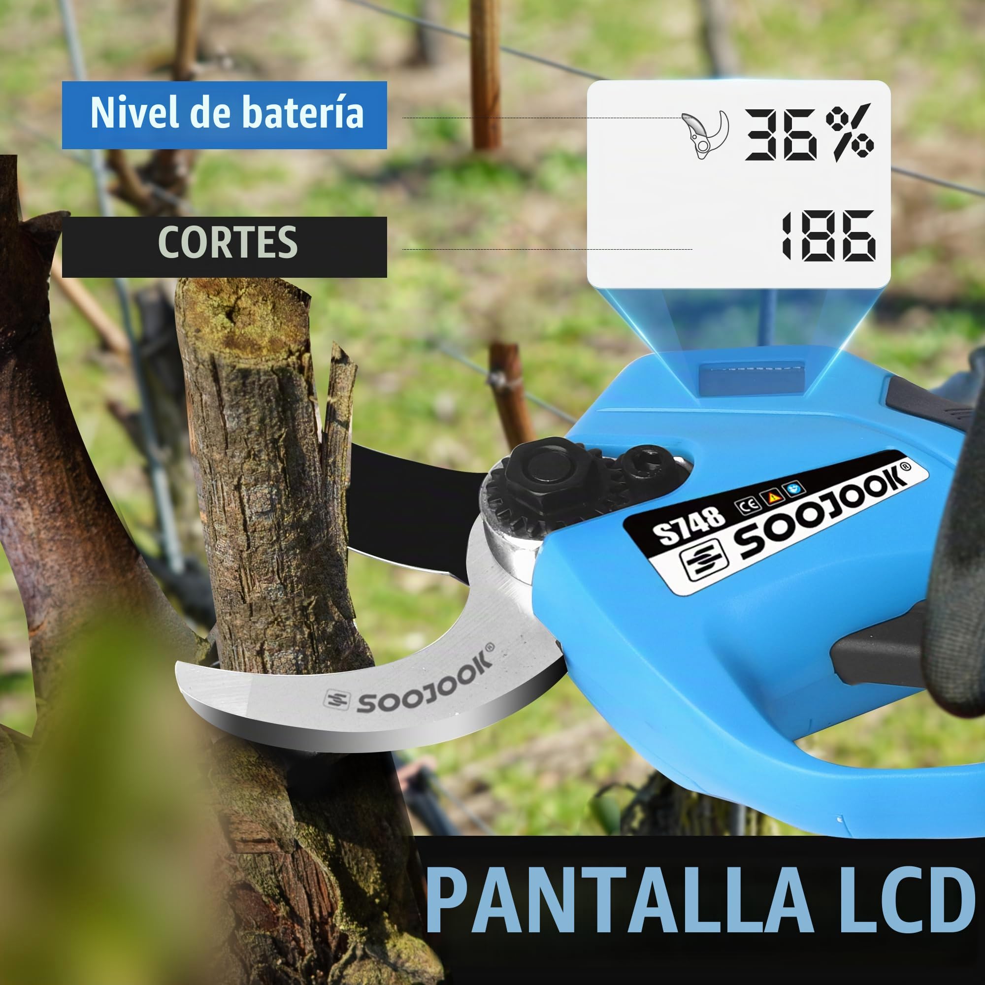 Tijeras de Podar Electricas 35mm - S748 Tijeras de Podar Bateria con Control Progresivo, 2×4000mAH Batería de Litio Tijeras de Podar Profesionales para Olivos, Viñedos y Agricultura
