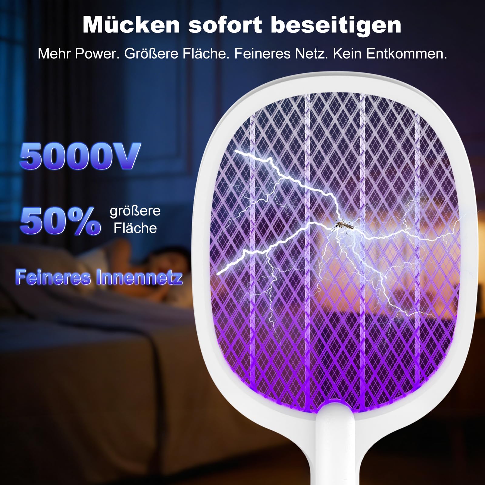 Raquette Electrique Insectes 5000V, 2000mAh,Raquette-Anti Moustique, USB C Rechargeable Raquett e Anti Mouche avec Base Stable, Efficace Contre Les Mouches Insectes