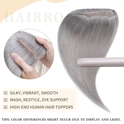 Miniatura 107 de Hairro 100% Real Human Hair Toppers for Women No Bang, Clip in Real Hairpieces, Breathable Silk Base for Covering Greyish Thinning Hair Loss on Top