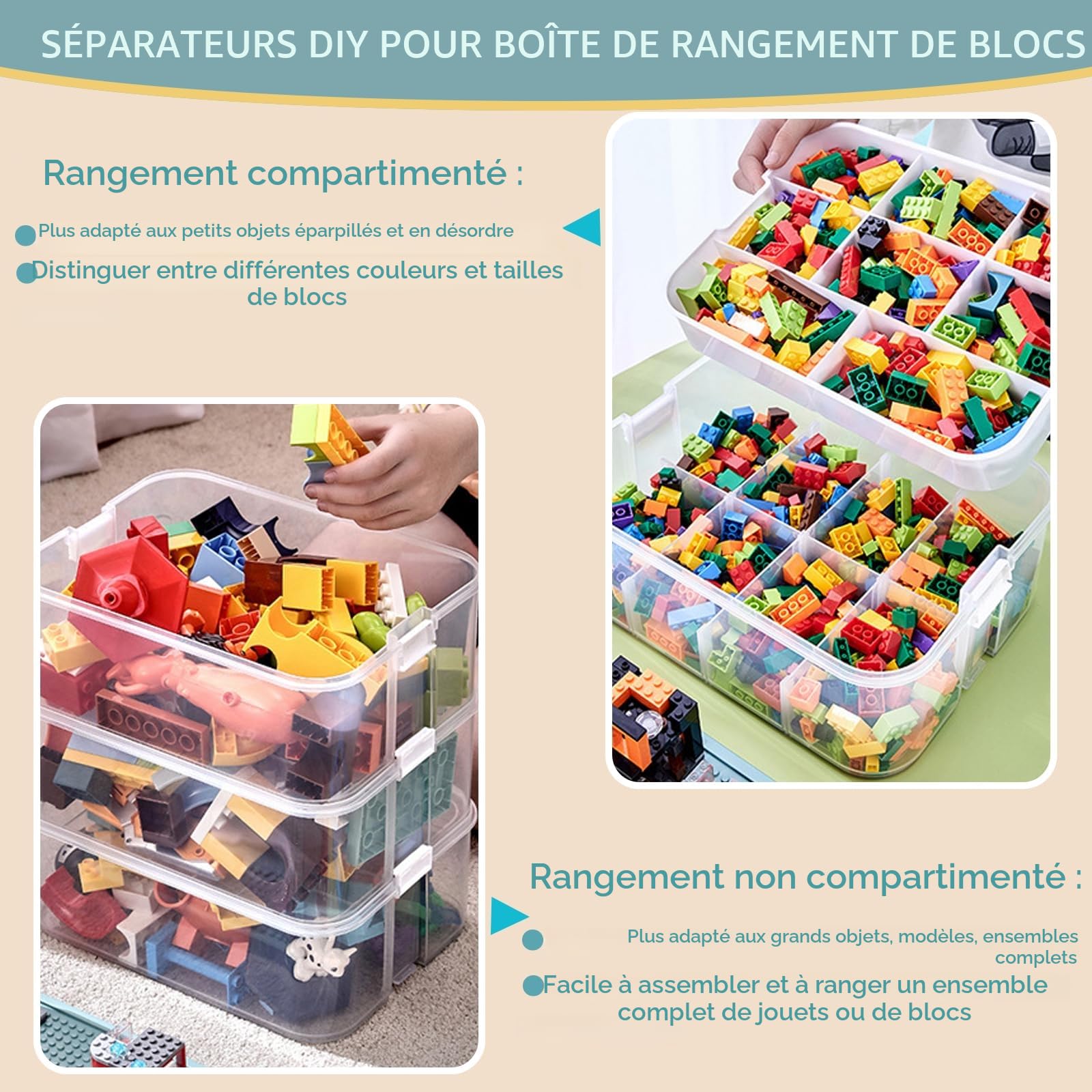 Harazaqa Boite Rangement Plastique Couvercle Lego Caisse Jouet Enfant 3 Couches Empilable Boîte Compartiment Transparente Jeux Bloc de Construction Magnetique Puzzle Box Exterieur Intérieurs Etanche