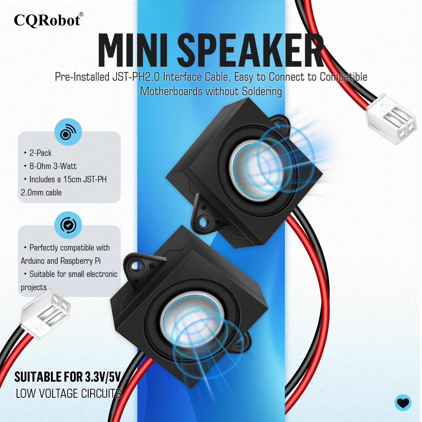 CQRobot 2 Pièces Haut-parleurs Miniatures de 8 Ohms et 3 Watts 28 * 31 mm avec Câble de Connecteur JST-PH 2,0 mm de 15 cm, Compatibles avec Arduino, Adaptés aux Petits Projets Electroniques.