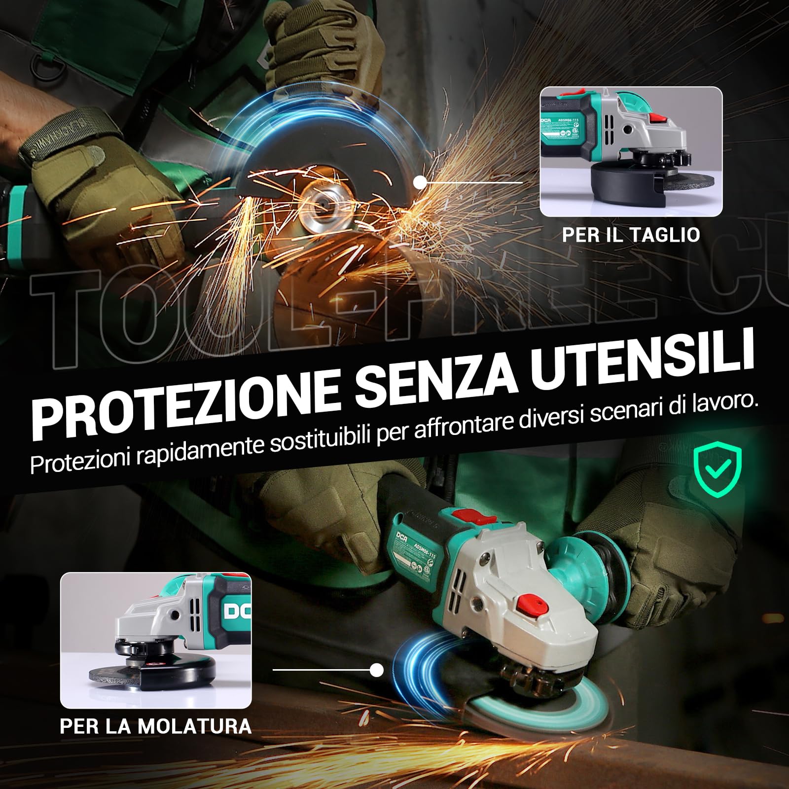 DCA Smerigliatrice Angolare a Batteria Brushless 20V, Ø125mm, incl. Batteria 4.0Ah & Caricabatterie Rapido, 8500 giri/min. con Coperchio a Sgancio Rapido, 6 Dischi per Taglio, Smerigliatura
