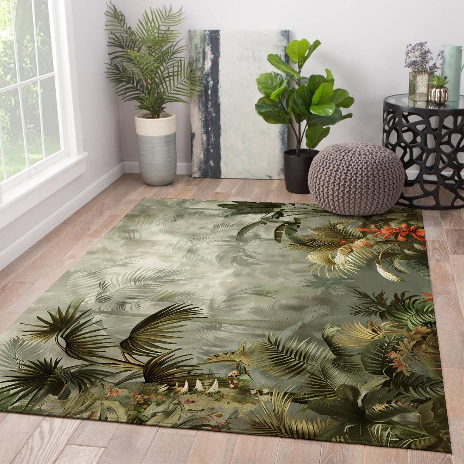 Dywan tropikalnej dżungli 80 x 150 cm, palma monstera, duży dywanik, do salonu, domu, biura, można prać w pralce, antypoślizgowy, prostokątny dywan