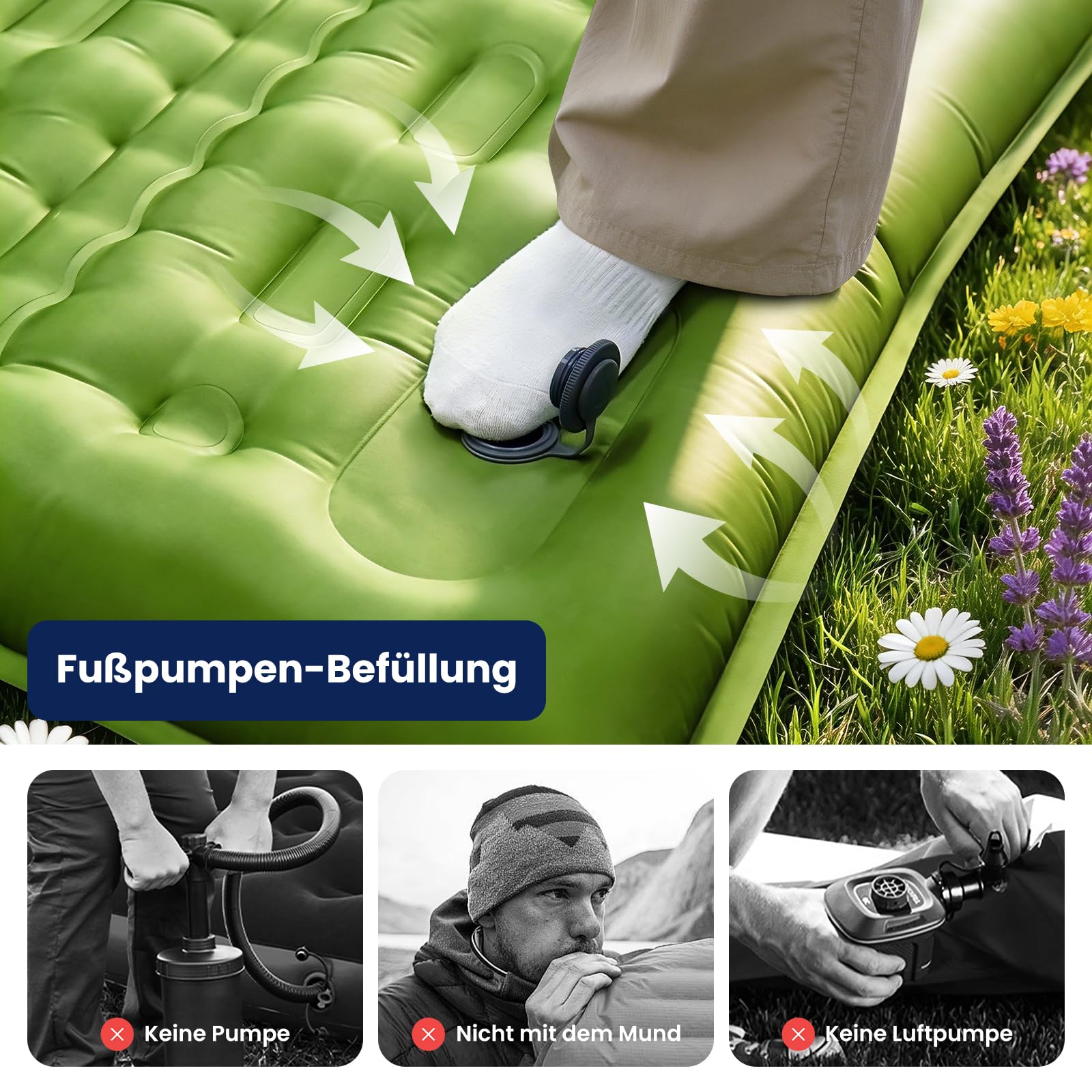 Isomatte Camping, 12 cm Hoch Aufblasbare Luftmatratze mit Integrierten Kopfkissen, Ultraleicht Campingmatte, wasserdichte Luftzellenmatte mit Fußpumpe für Wandern Outdoor Zelt Strand