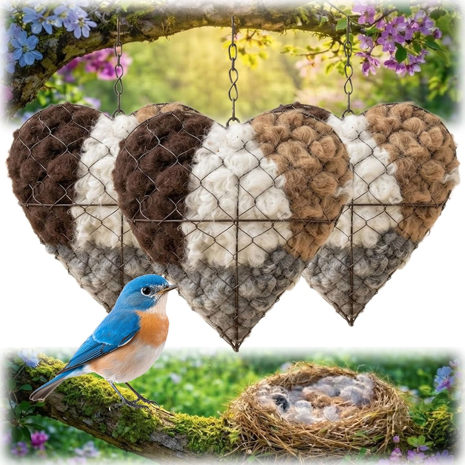 Generisch Alpaka Wolle Für Vögel, Handgefertigtes Herzförmige Zupfherz Alpakawolle-Spender Für Vögel, Nachfüllbares Vogelhaus Nistkasten, Bietet Unterschlupf Nistmaterial Für Vögel (Braun 3 Stück)
