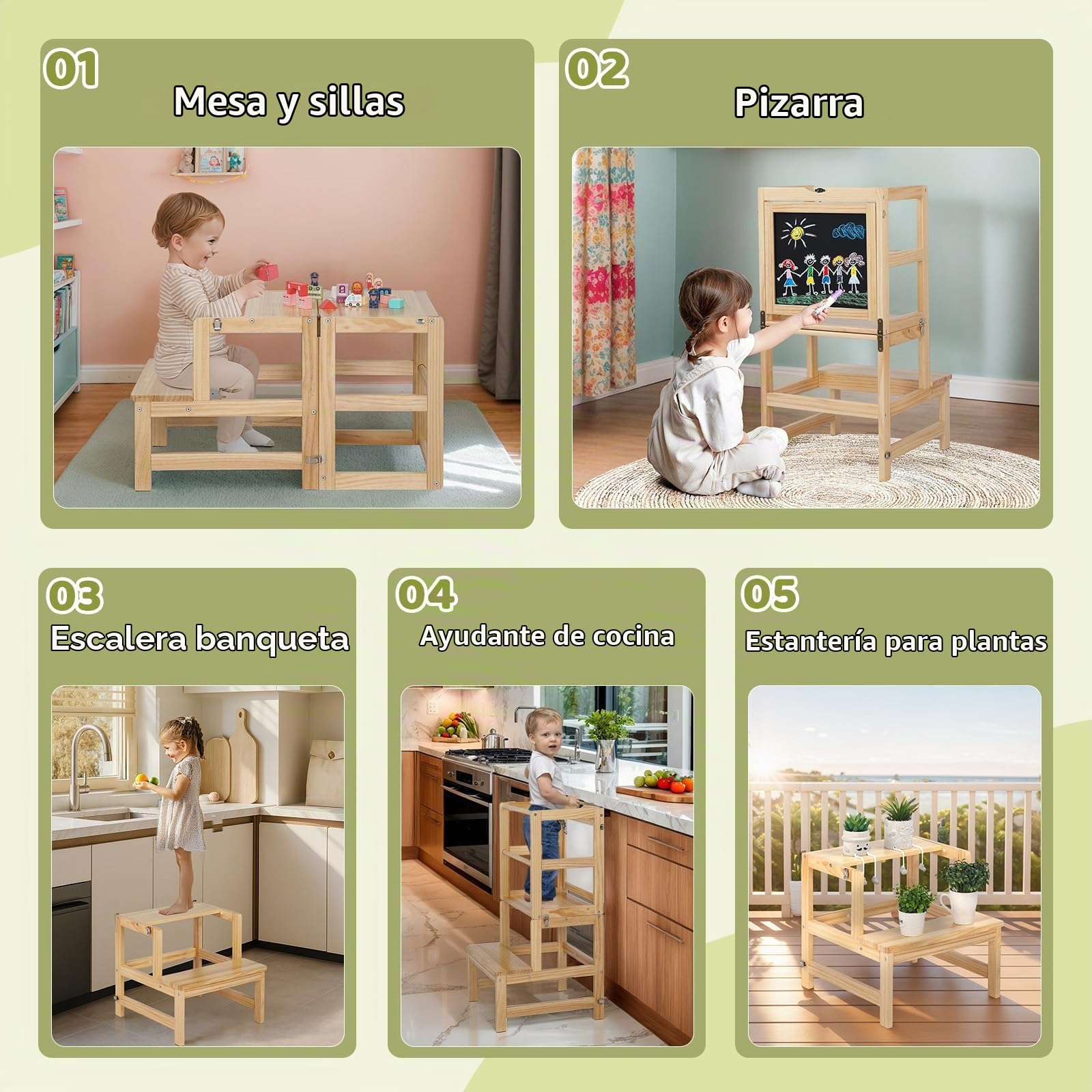 Bonnlo Torre de Aprendizaje Plegable de Madera, Escalera Infantil 4 in 1 con Pizarra, Convertible en Mesa y Silla, hasta 60 KG, Desde 3 Años, Natural