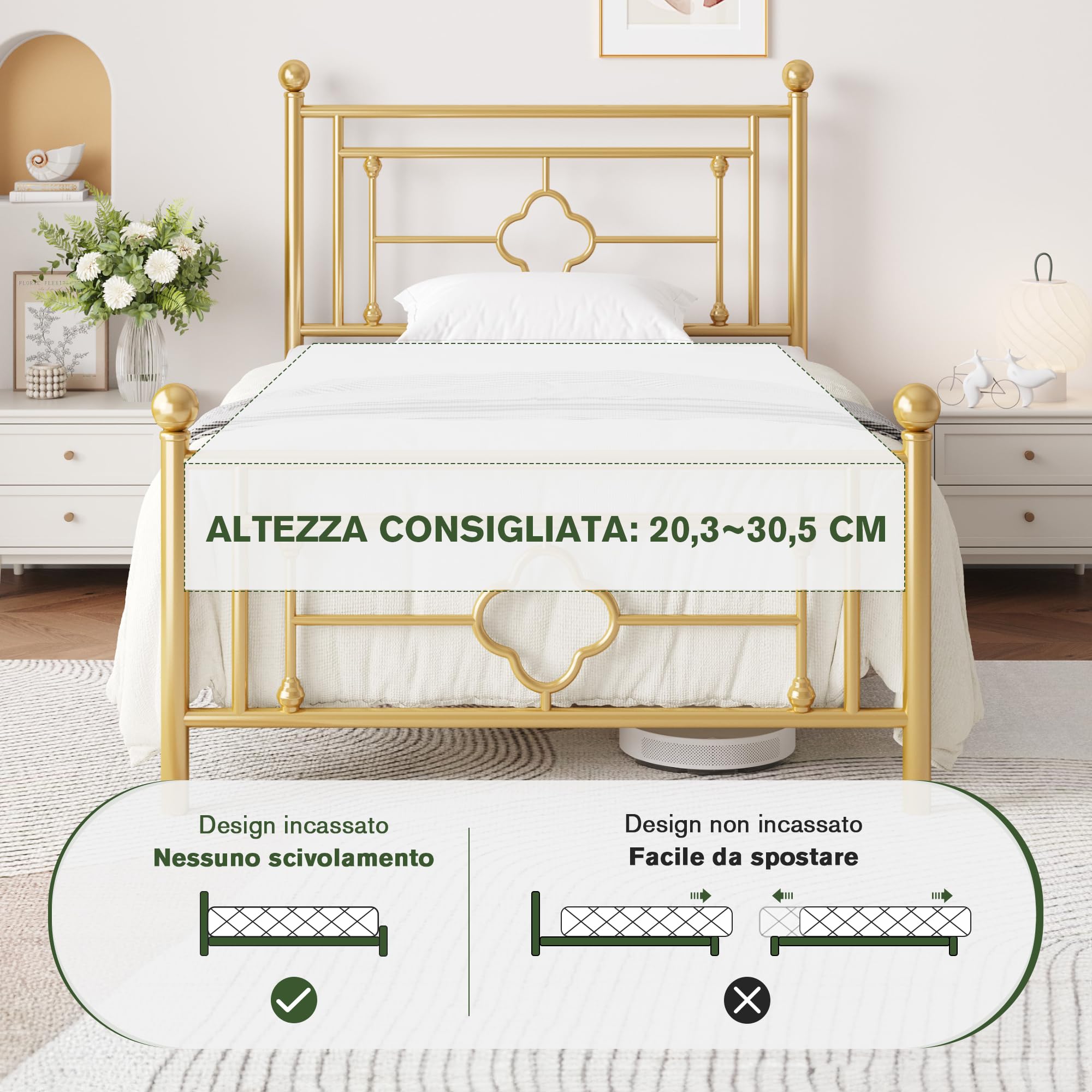 MUTICOR Struttura Letto in Metallo 90x200 cm, Letto Moderno per Camera da Letto o Stanza degli Ospiti con Testiera e Doghe, Silenzioso, Facile da Montare, con Spazio di Stoccaggio, Oro