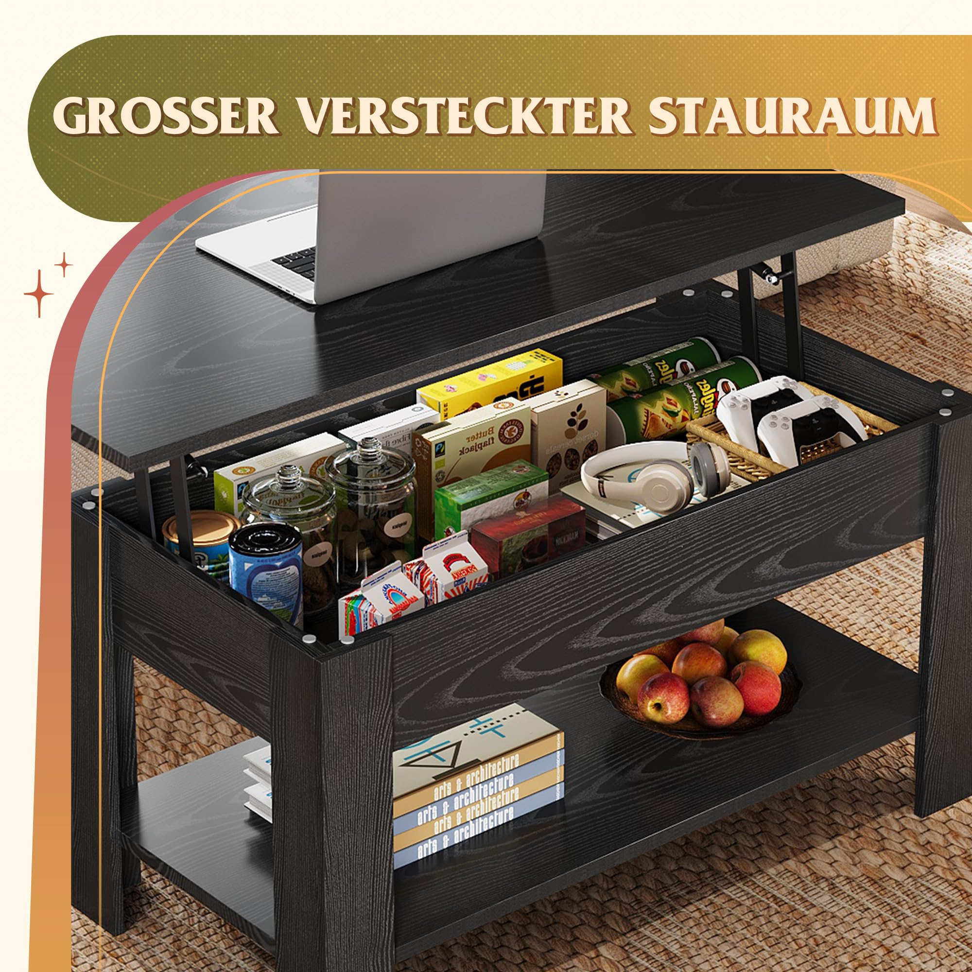 WLIVE Couchtisch mit Stauraum, Wohnzimmertisch Höhenverstellbar mit Verstecktem Staufach und Ablagefläche, Wohnzimmer Tisch für Couch,98 x 48cm Sofatisch, Schwarz