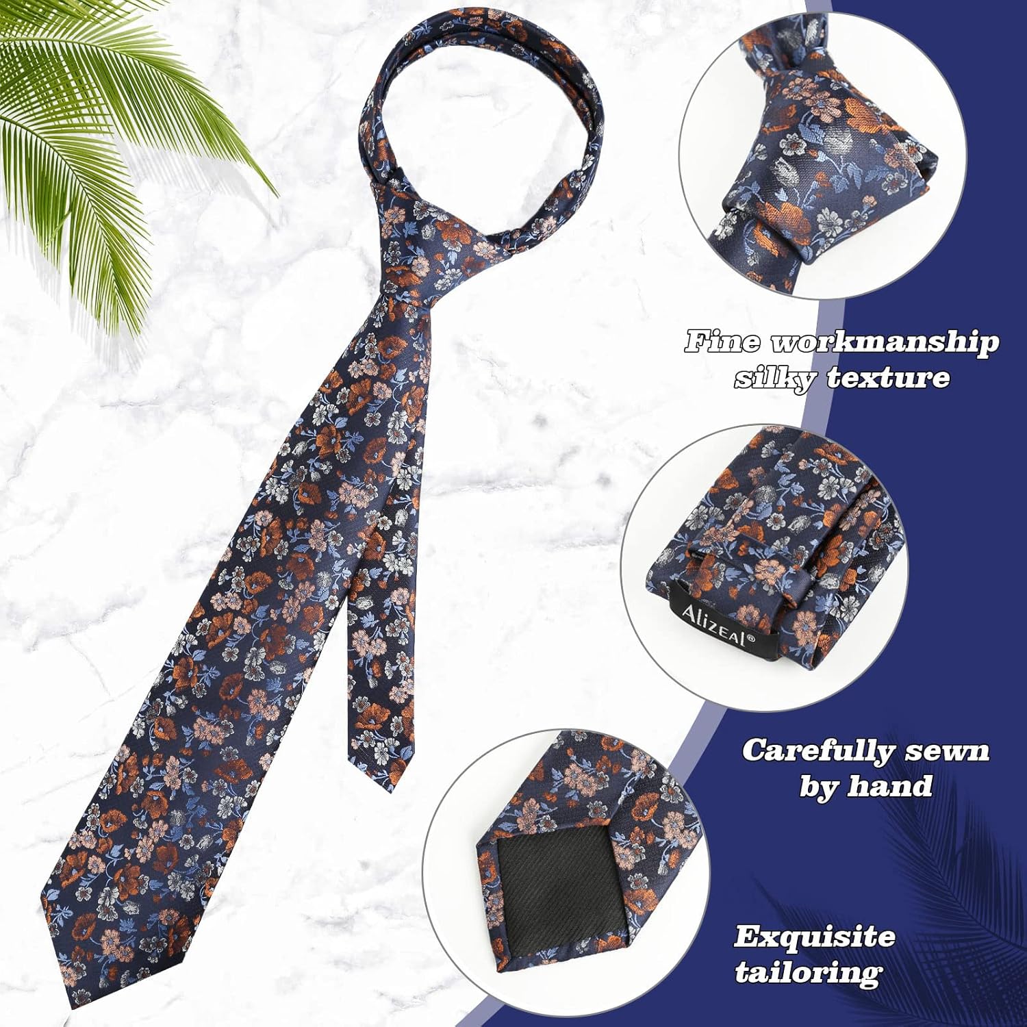 Alizeal Mens 3.15inches Flower Patterned Tie with Floral Printed Pocket Square - Image 4