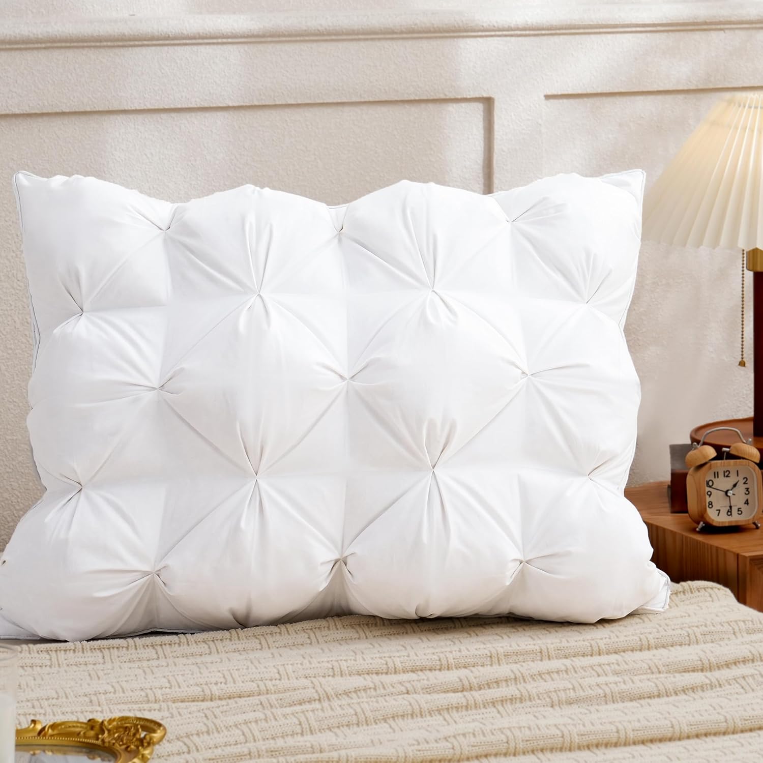 KAKABELL Premium White Pinch Pleat Goose Down Feather Pillows Standard Size with 100% Cotton Cover Fluffy and Soft Pillow for Sleeping Gusseted Bed Hotel Collection Pillows 20x26Inches