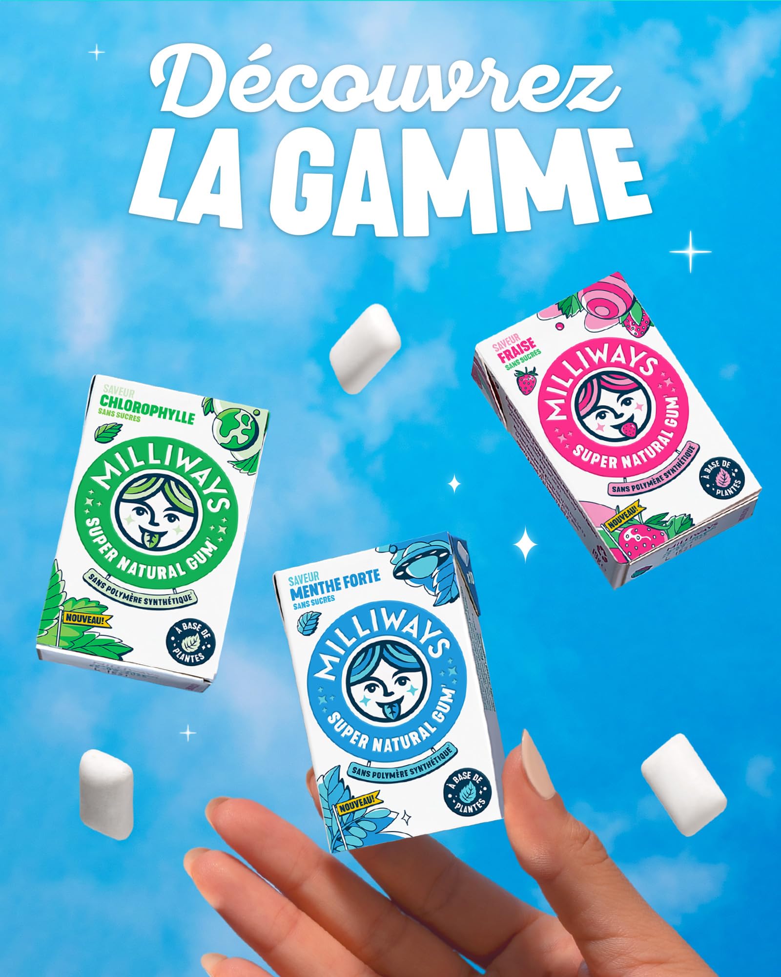 MILLIWAYS Chewing gum sans sucres à la fraise 12 boîtes de 10 dragées 20g Xylitol sans aspartame