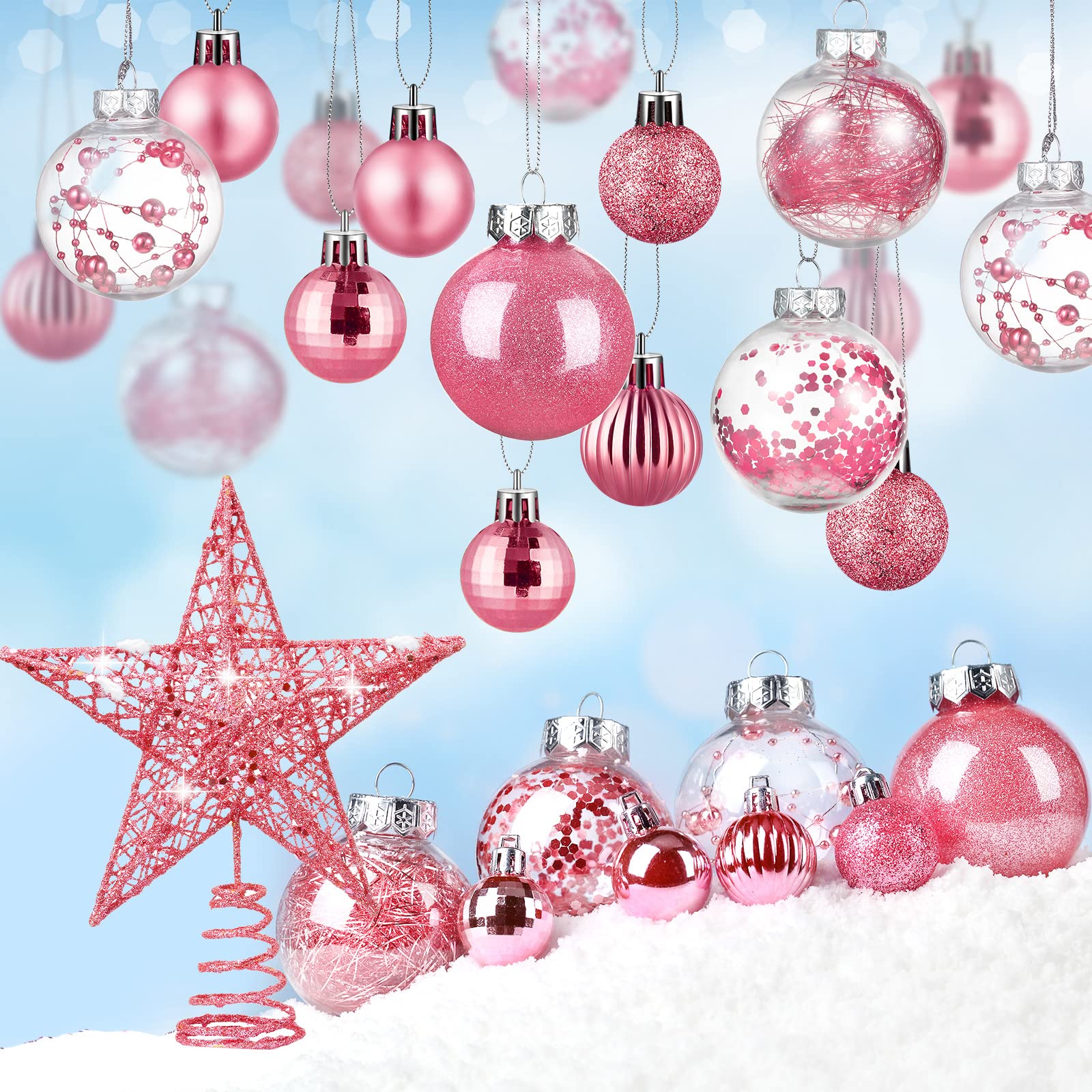 Lot de boules de Noël en forme d'étoile brillante en plastique pour décoration de sapin de Noël, d'anniversaire, de vacances (rose, 49)