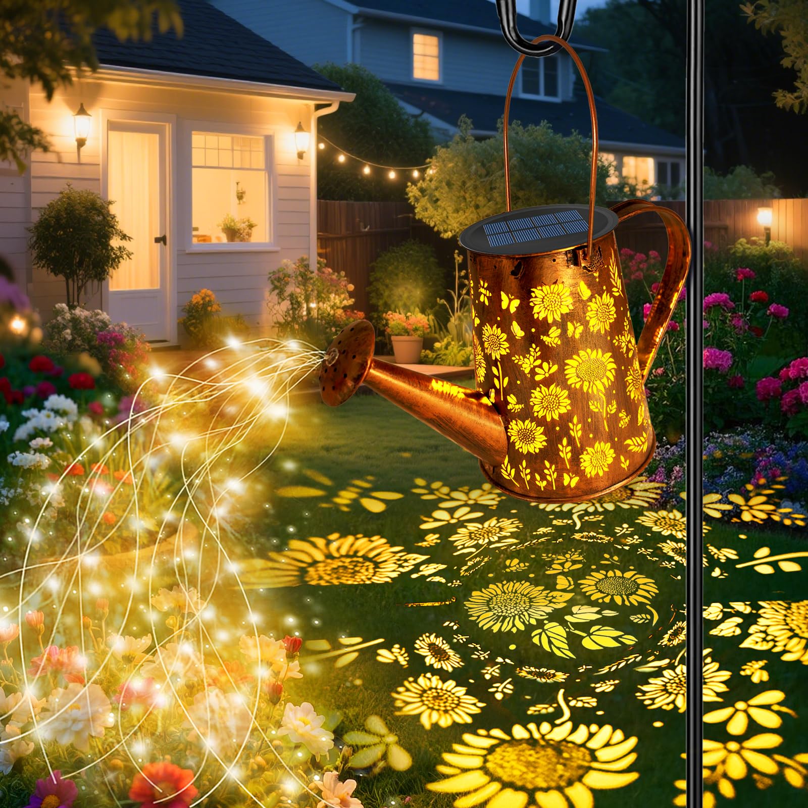 VOOKRY Luci solari per esterni, grande annaffiatoio solare in metallo da appendere, impermeabile, girasole, decorazione da giardino, luci esterne per portico, prato, patio, regali per mamma, nonna