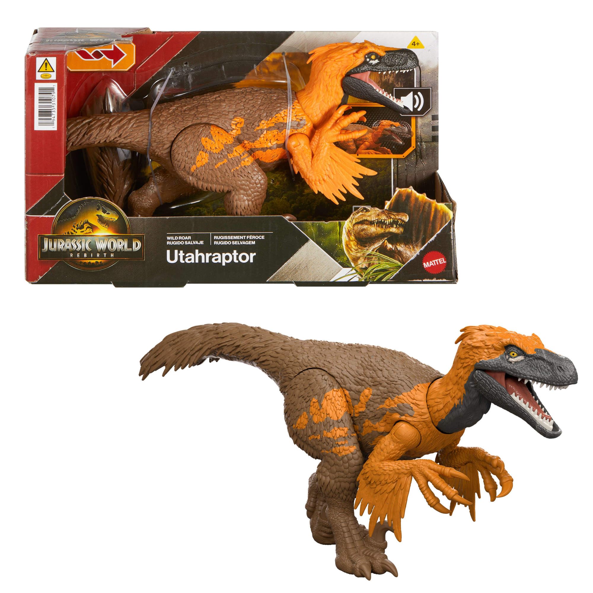 ​Mattel Jurassic World Rebirth Wild Roar Utahraptor Dinosaur Toy with Tail-Controlled Chomp Multi-Direction Attack & Sound, Posable & Digital Play, JGC80