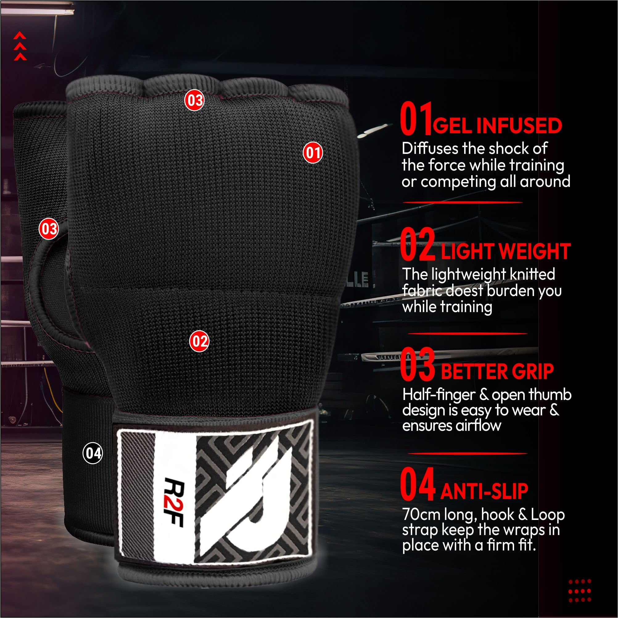 R2F Gel Boxing Hand Wraps Inner Gloves 70cm Wrist Straps Wrist Support Elastic Padded Fist Guard Muay Thai MMA Martial Arts Boxing Speed Bag Training Hand Wraps