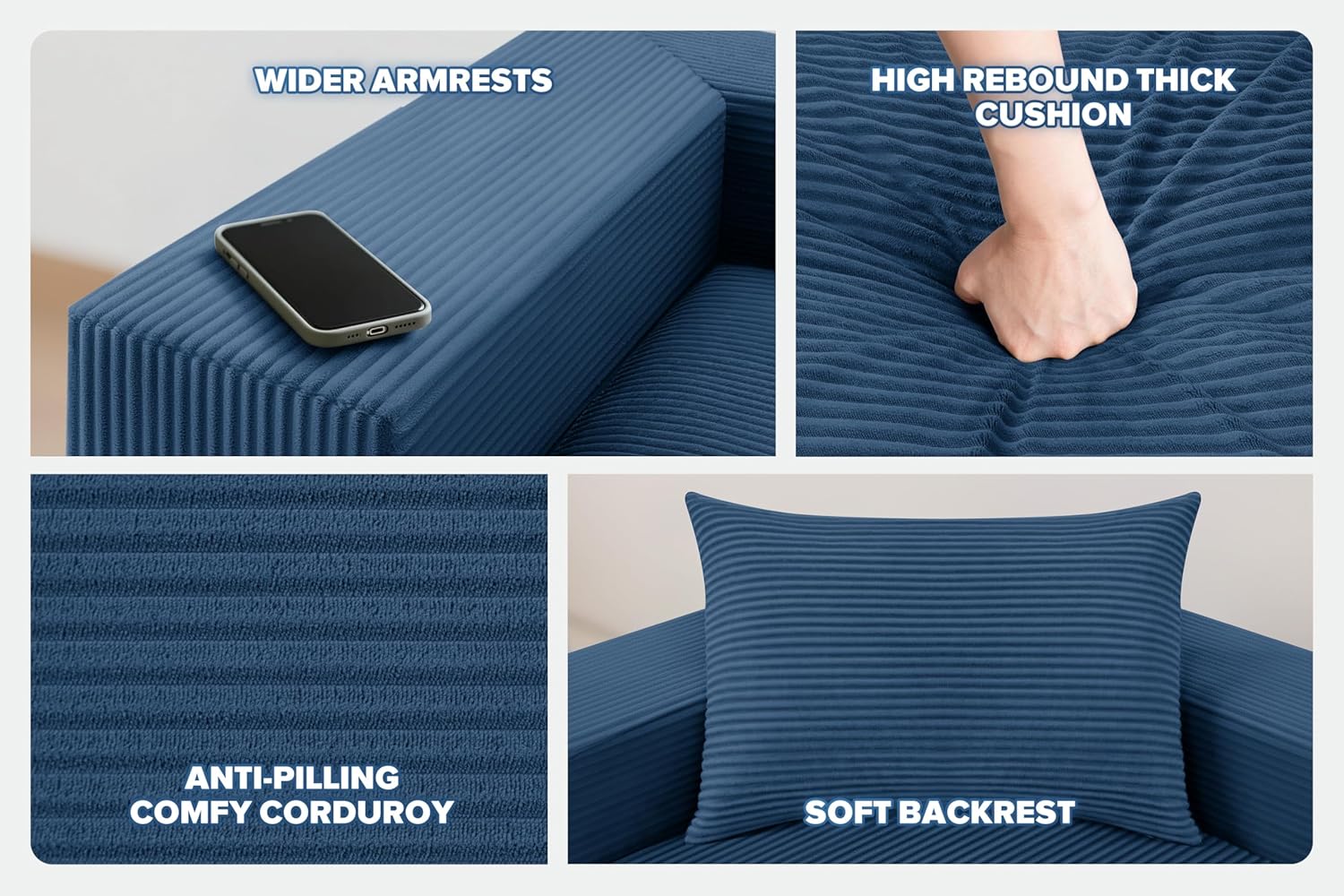 HABUTWAY Modular Sectional Loveseat Sofa, Cloud Boneless Couches for Living Room, Love Seat Sofa for Small Spaces, Floor Corduroy Sofa Couch, Comfy Foam Couch with Armrest & Pillow (Blue, 2-Seater)