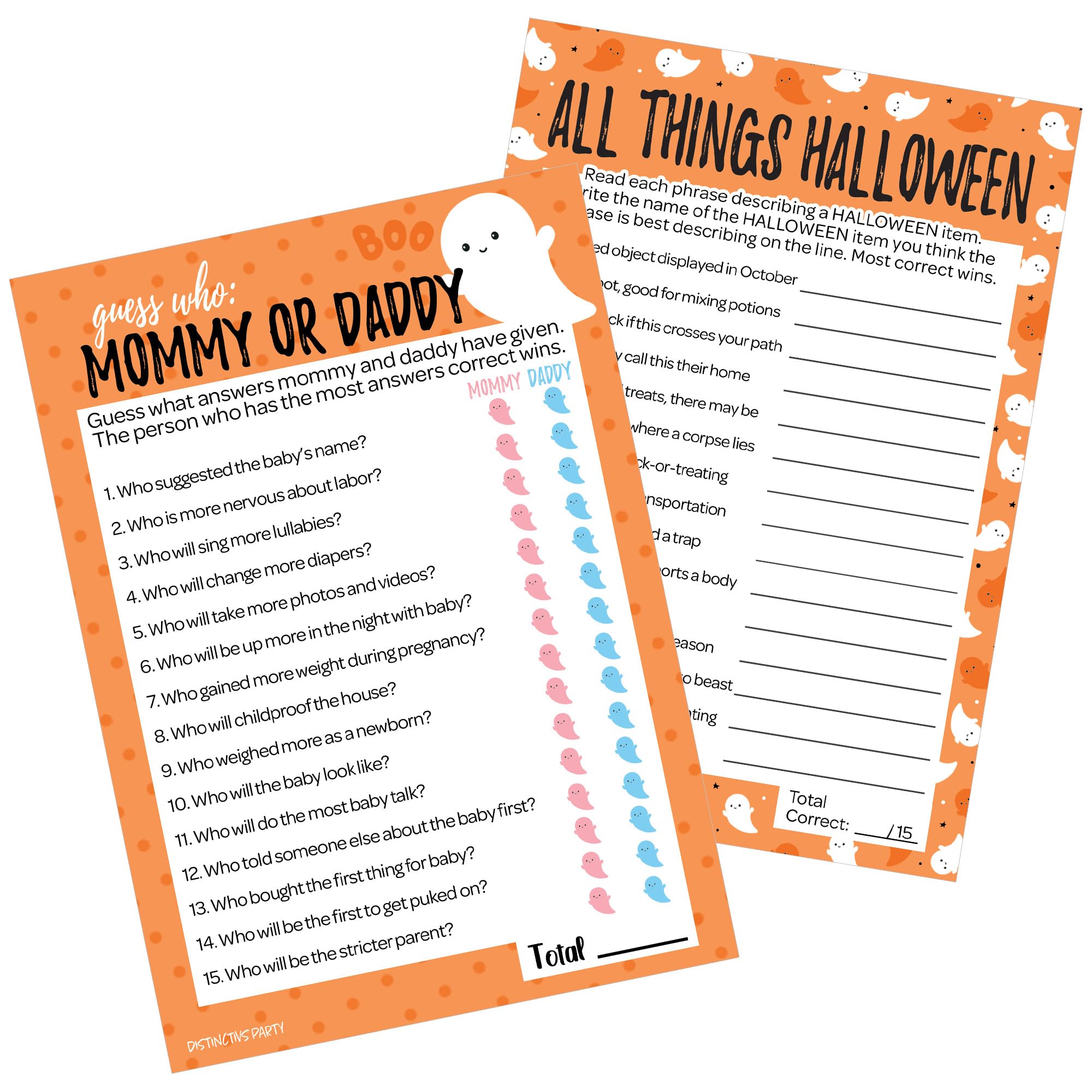 DISTINCTIVS Orange Little Boo is Almost Due Halloween Baby Shower Games Bundle with Guess Who and All Things Halloween Matching - 20 Cards