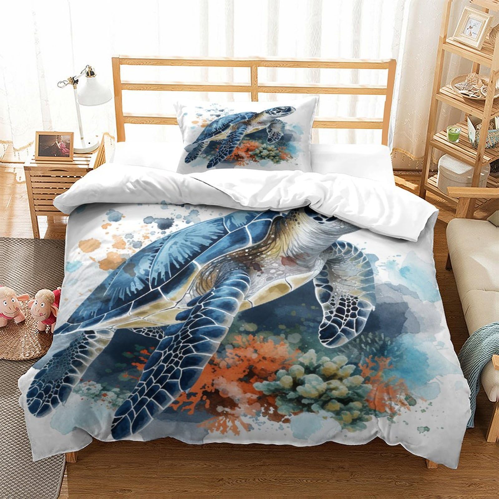 P1s9u7w5y Sea Turtle-1 3D Printed Underwater Turtle Duvet Cover Set 3Pcs Microfiber Ocean Bedding Set Single（135X200cm）