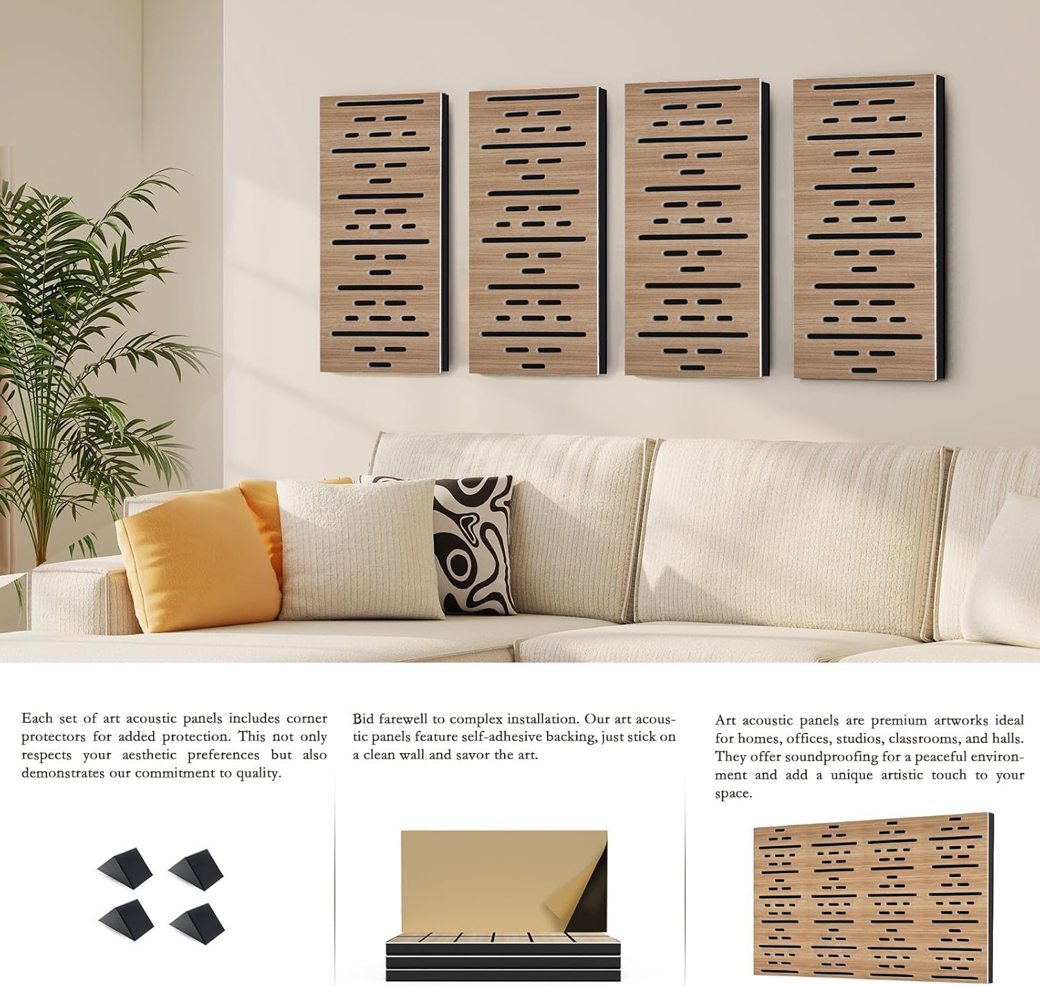 4Pack Acoustic Wall Panel, Self-Adhesive Soundproof Foam Panels for Wall, 3D Perforated Tri-Layer Polyester Fiber Decorative Acoustic Insulation for Recording Studio, Office, 24×12×1.78", Broken-Line