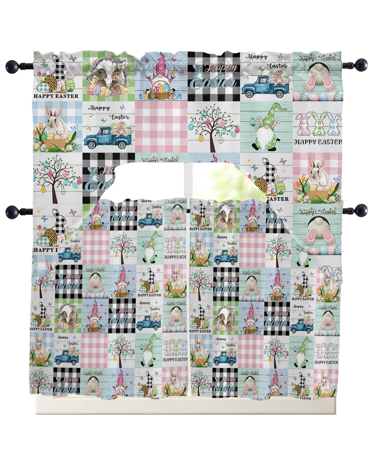 Easter Bunny Swag Kitchen Curtain Sets with Valance,3 Pieces Rod Pocket Curtain Drapes for Bedroom Living Room Bathroom Cafe Windows,Basket Eggs Gnomes Farm Truck Plaid 56''x36'' & 24''x27.5''x2Panels