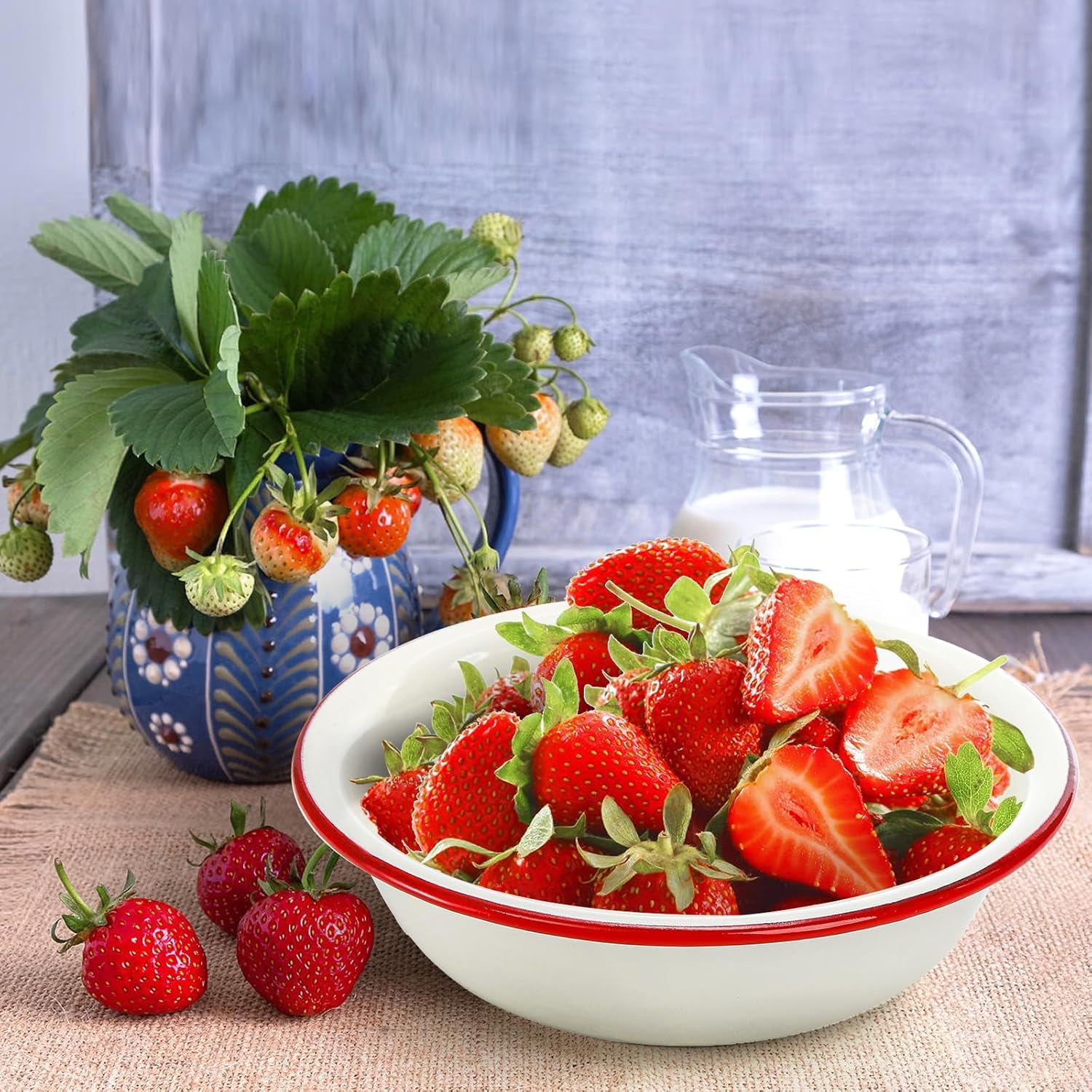 Elsjoy 3-pak emaliowanych misek 20 cm, duża emaliowana miska do mieszania, szeroka emaliowana miska do sałatki z czerwoną krawędzią, białe naczynia emaliowane do zupy, owoców, makaronu, 3 szt