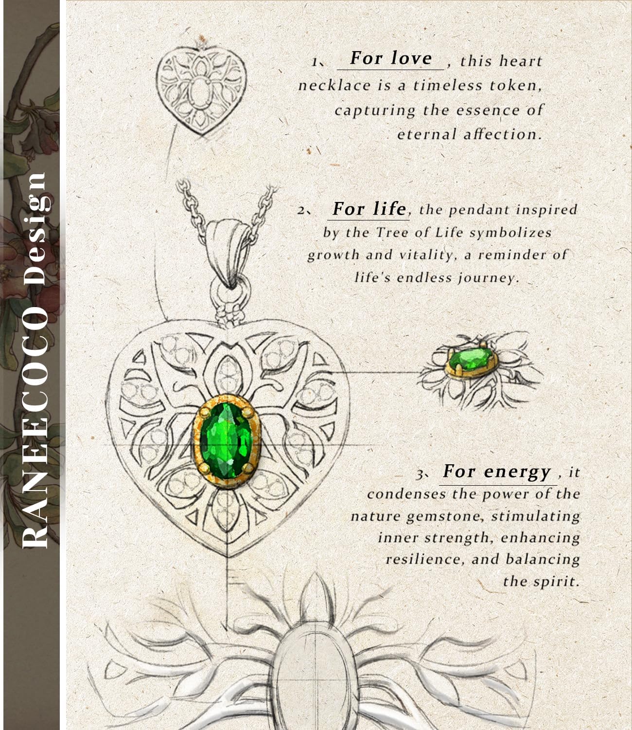 Raneecoco Natural Gemstone Necklace for Women 18K Gold Plated Sterling Silver Two-Tone Tree of Life & Love Heart Pendant Jewelry | Dainty Birthstone Gift For Her Mother Wife - Image 7