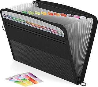 ABC life Expanding File Organiser 13 Pockets, A4 Accordion File Folder Document Organiser Expanding File Folder with Zipper Closure, Expandable Folder Organiser Box File Wallet, Black