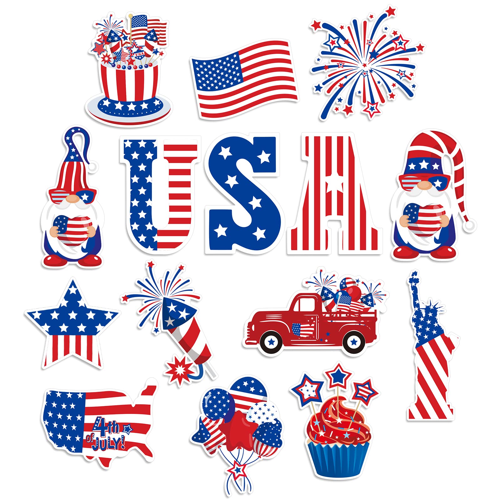 Whaline 48Pcs 4th of July Cut-Outs Kit Patriotic Stars Stripes Cut Outs with 100Pcs Glue Points Red Blue White Gnome USA Flag Decorative Paper Cut-Outs for Independence Day Classroom Bulletin Board