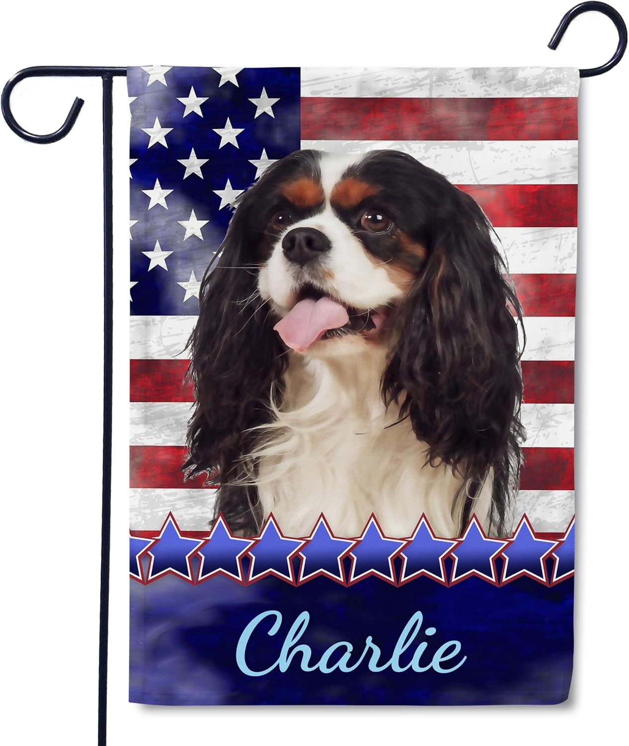 Personalized Cavalier King Charles Spaniel Garden Flag, Patriotic July 4th Outdoor Yard Decor, Custom Dog Name American Flag for Lawn Porch Patio, Flagology
