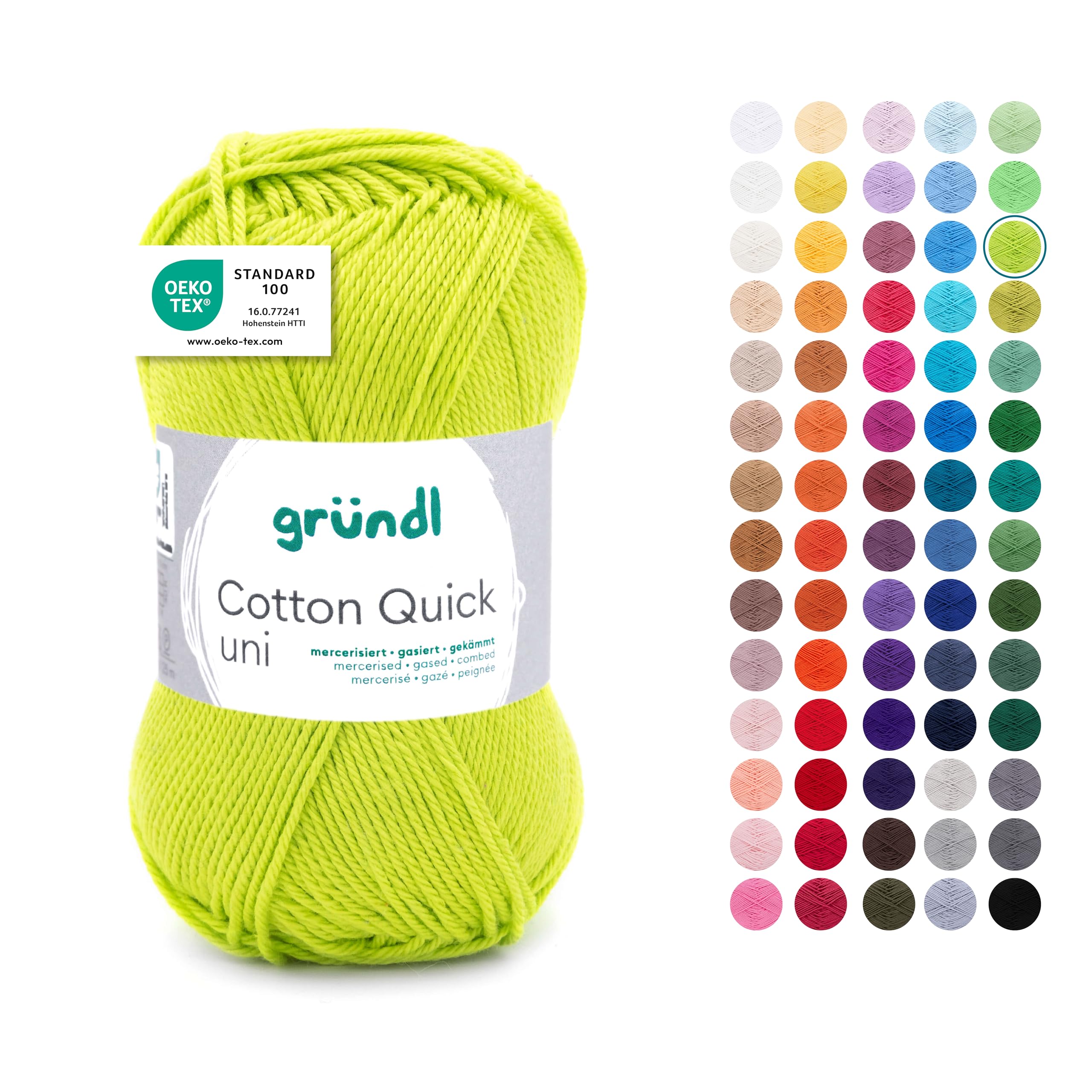 Gründl Cotton Quick Plain Knitting Yarn/Crochet Yarn - 10 x 50g Balls - Colourful 100% Cotton Yarn - Oeko-Tex Certified - 50g/125m - Needle Size: 3-4, 1 x 50g - Light Green