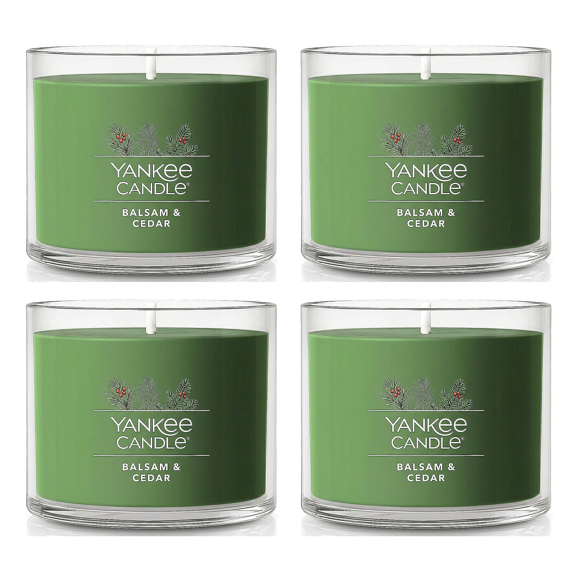 Yankee Candle Signature Lot de 4 mini bougies votives, parfum baume et cèdre, mélange de cire de soja naturelle avec mèche en fibre naturelle, pot en verre de 37 g