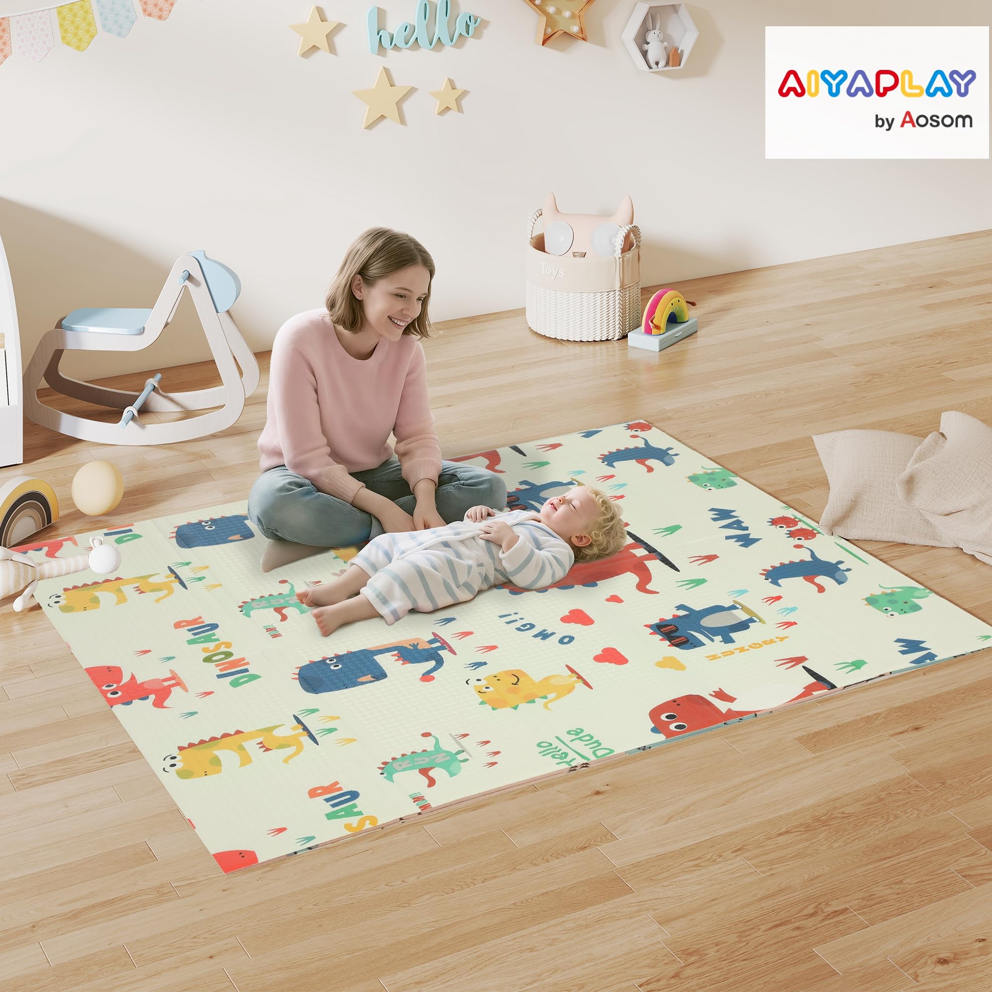 AIYAPLAY Baby-Spielmatte faltbar 177 x 146 x 1,5 cm Dinosaurier-Motiv | Doppelseitig, wendbare Spielmatte, wasserdichte Schaumstoff-Krabbelmatte, für Innen & Außen Picknick