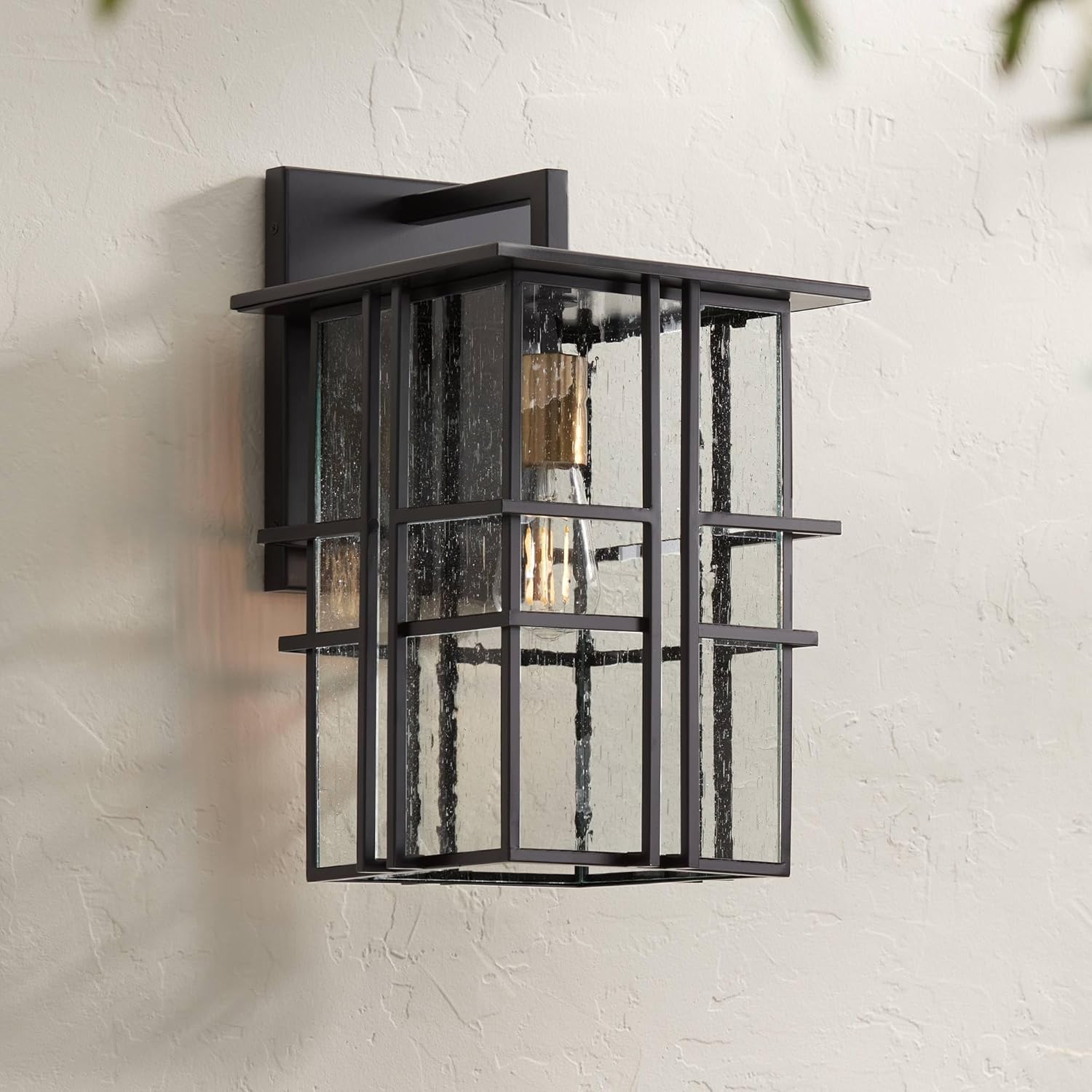 Possini Euro Design Arley Modern Outdoor Wall Light Fixture Black Geometric Frame 16" Seedy Glass for Exterior Barn Deck House Porch Yard Patio Outside Garage Front Door Garden Home Roof Lawn