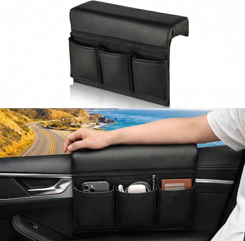 Organizador de Porta e Apoio de Braço Automotivo JECOMPRIS em Couro PU Preto – 1 unidade