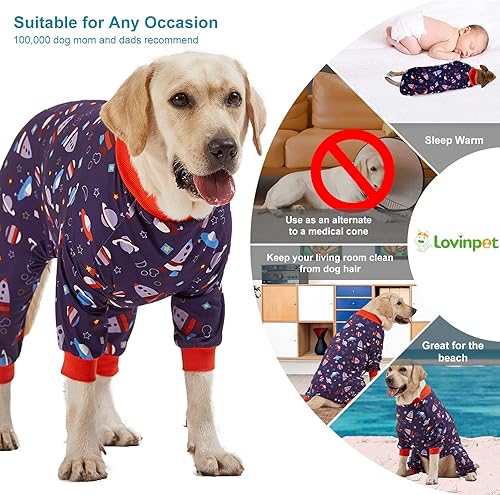 Miniatura 10 de LovinPet Trajes para perros grandes, antilamidos, ropa de recuperación de heridas de perros, tejido de punto elástico ligero, estampado azul animal