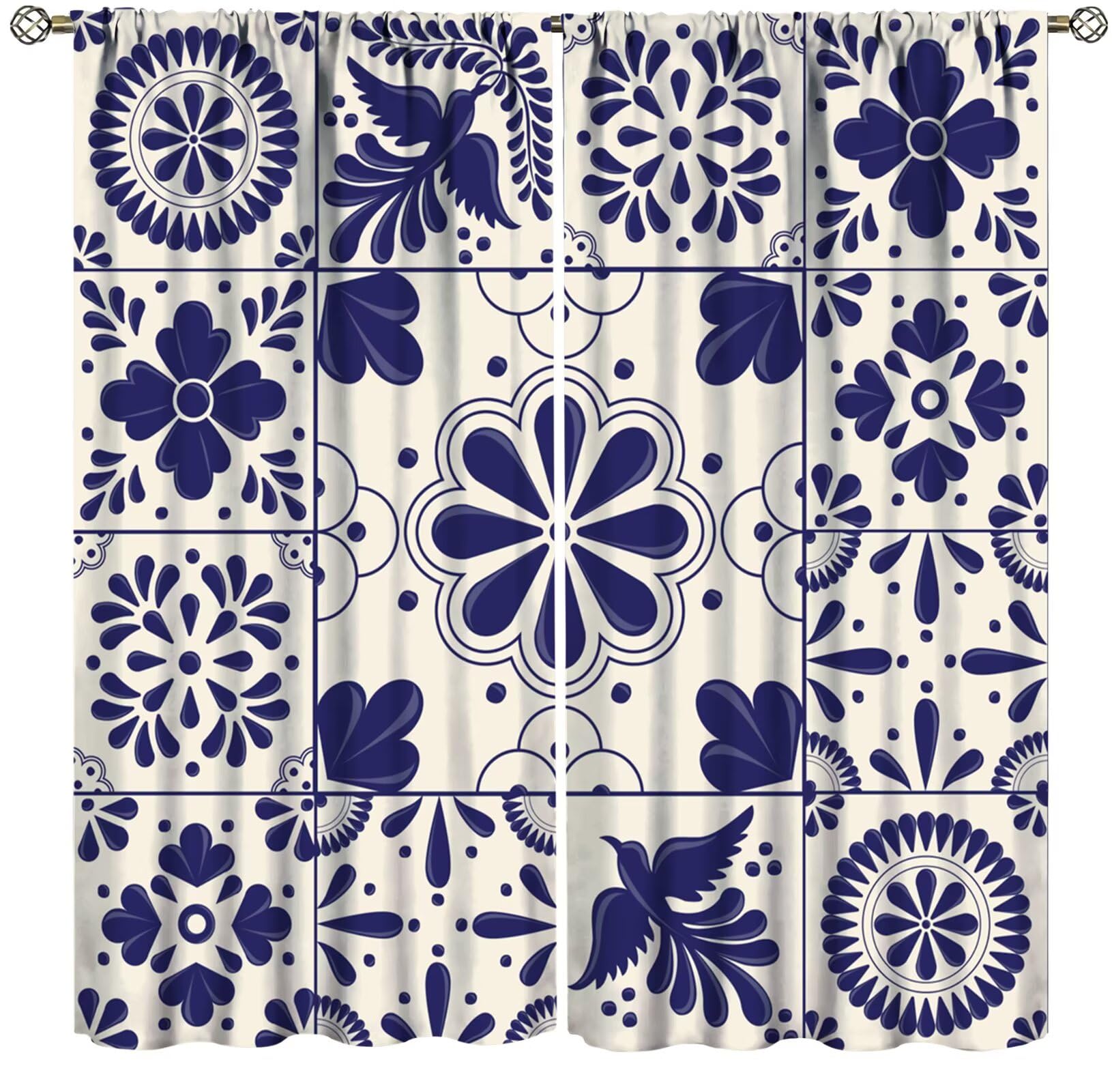 ZhiRain Traditional Mexican Curtains Talavera Style Mexican Floral Bird Print Curtain with Rod Pocket for Bedroom Living Room Home Decor Drapes Window