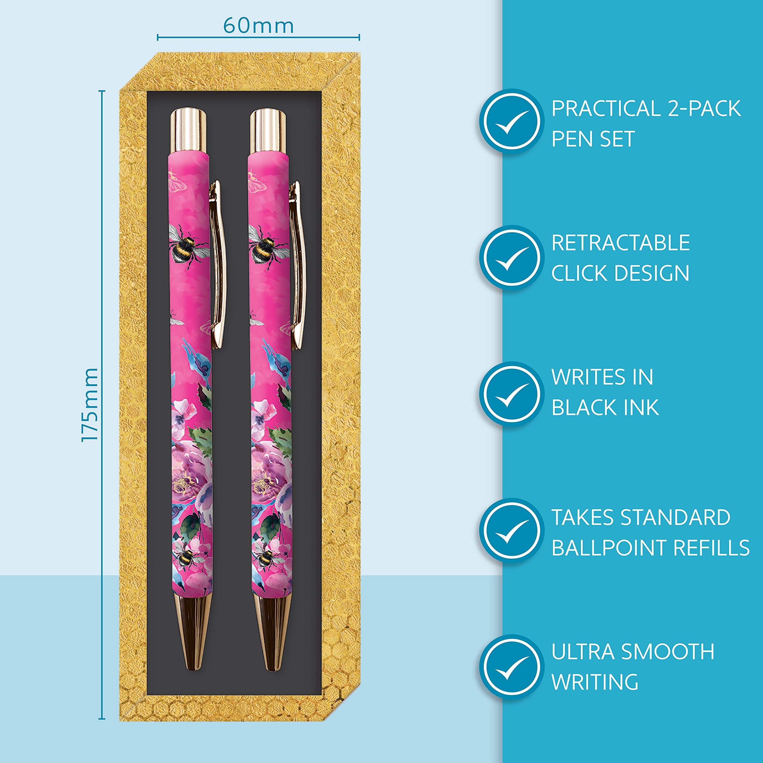 TGSC, Ballpoint Pen Set, Queen Bee Design, 2-Pack Pens, Gift Box, Effortless Writing, Anti-Smudge Ink - Image 3