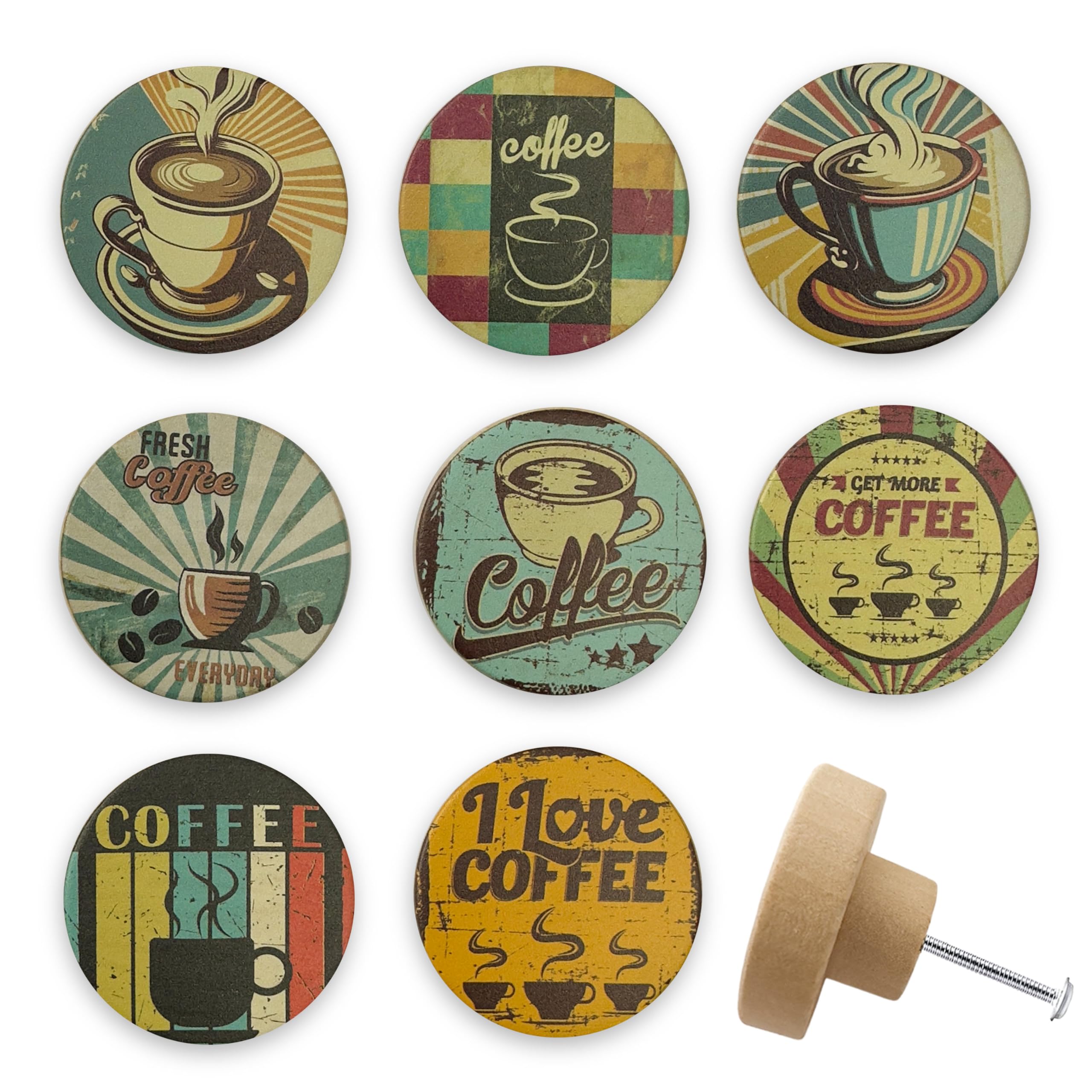 Lasyman Set of 8 Wooden Knobs Vintage Retro Coffee Themed Decorative Wood Kitchen Cabinet Coffee Bar Dresser Knobs1.8 x 1.8 Inches