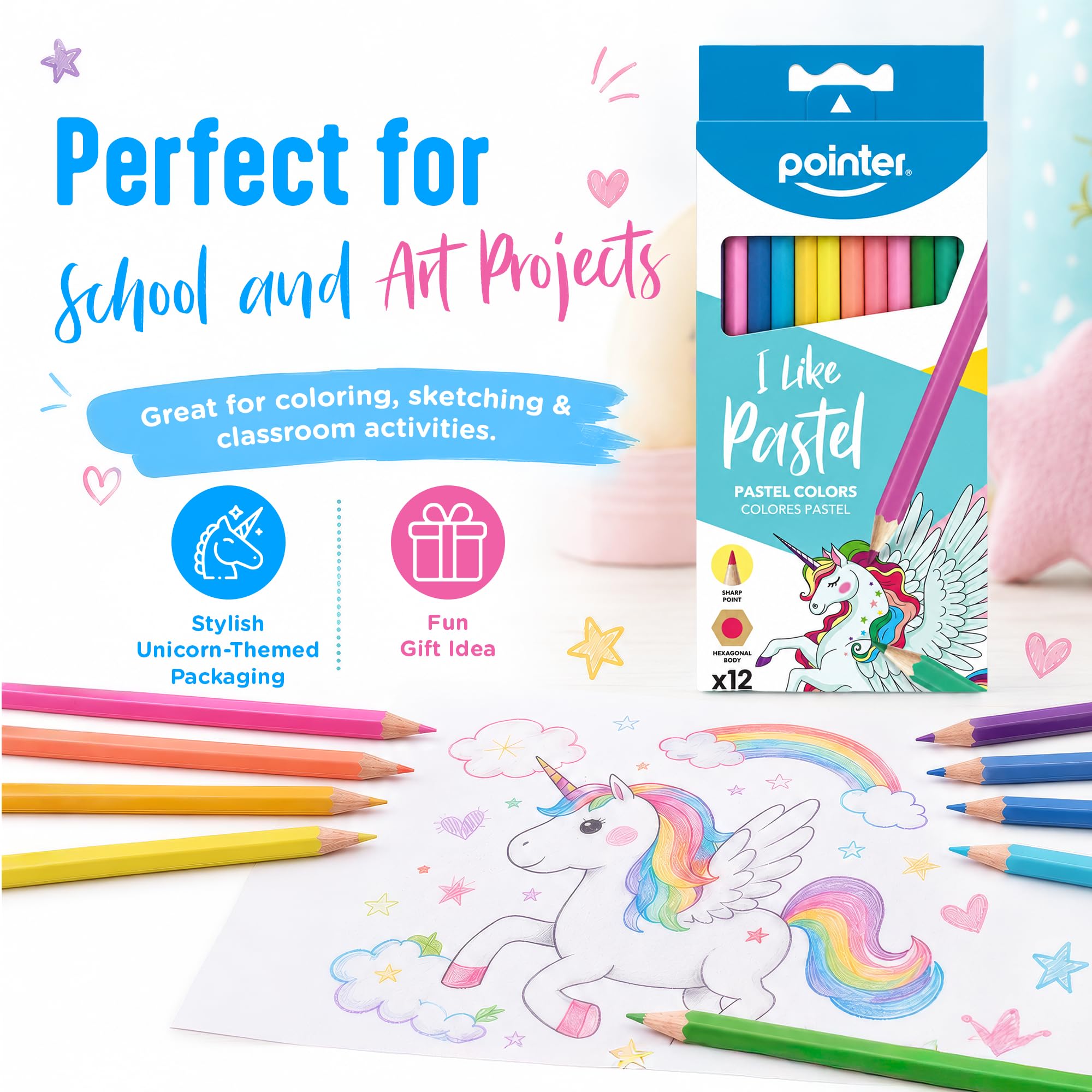 Pointer I Like Pastellfarbstifte, 12 Stück, vorgespitzt, sechseckiger Körper, weiche Pastelltöne, Schul- und Kunstbedarf
