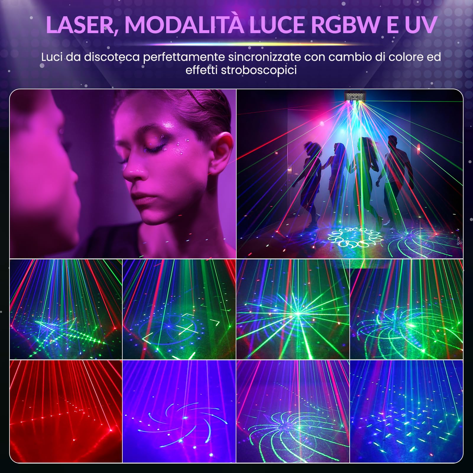 Luci Discoteca DJ RGBW & UV con DMX, Telecomando, 3 Velocità Motore, 4 Modi Stroboscopici, Proiettore Laser per Party, Disco e Decorazioni per Feste