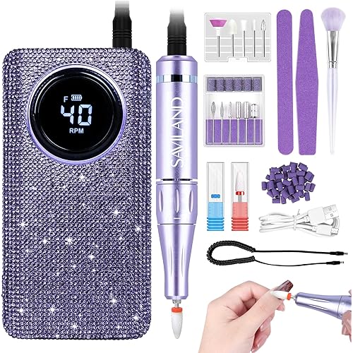 SAVILAND High Speed Nail Drill 40000 RMP: Diamond Shiny Electric Nail File 2600 mAh Rechargeable Nail Drill Kit for Thick Acrylic Nails Removal with Ceramic Drill Bits Sanding Bands Nail Tech Salon