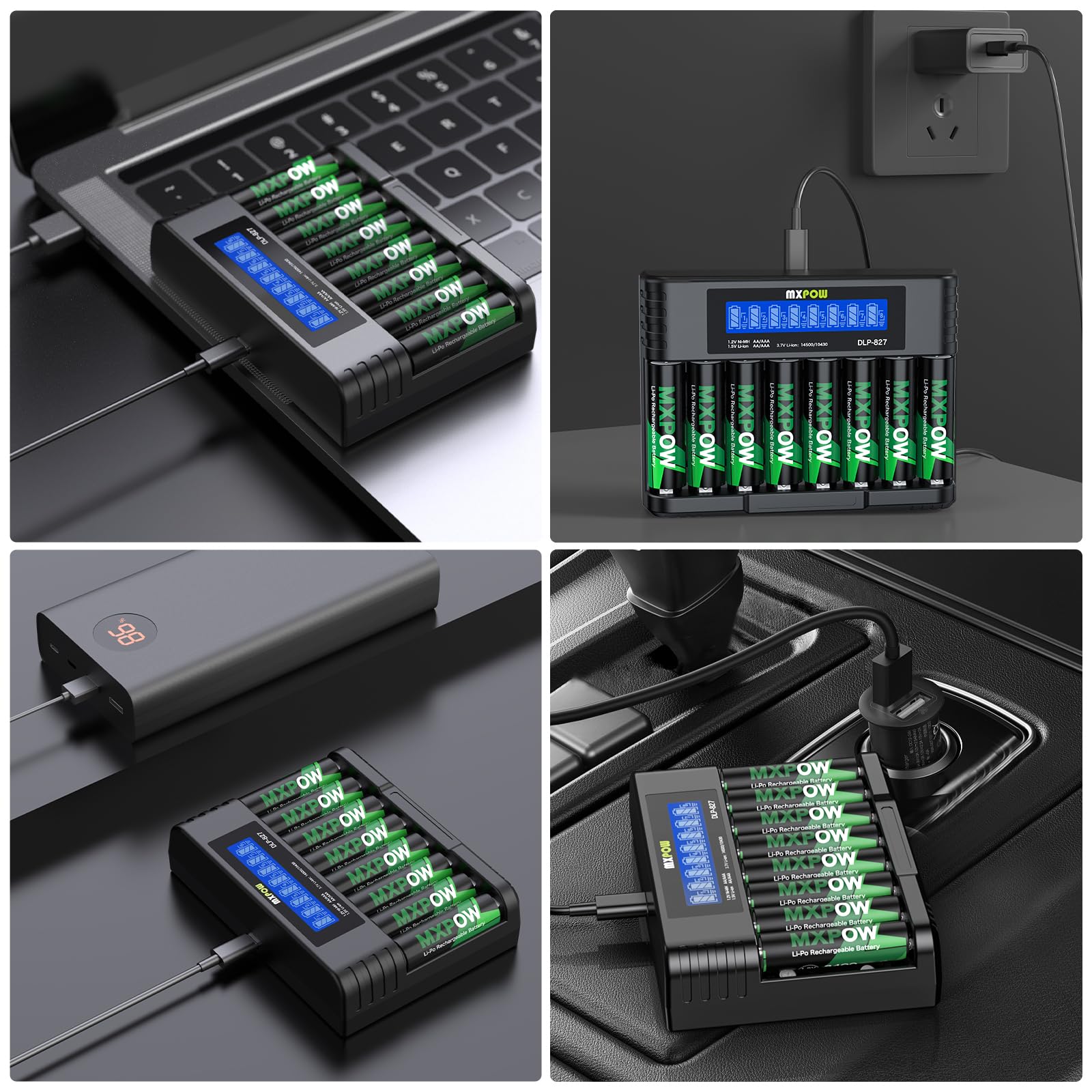 Pack of 8 AA Lithium Rechargeable Batteries 1.5V 3400mWh LCD Charger
