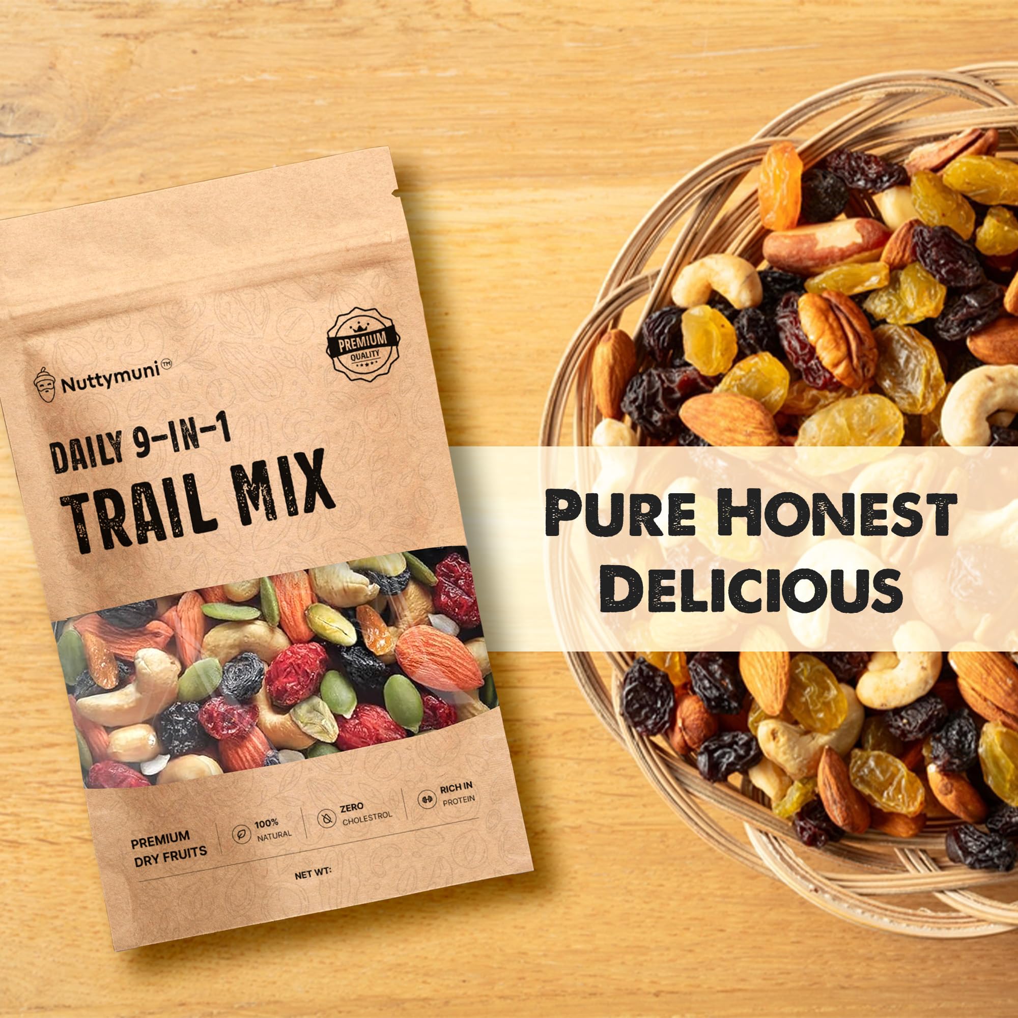 Nutty Muni Trail Mix, 9-in-1 Mixed Dry Fruits & Berries with Almonds, Cashews, Raisins, Black Raisins and Seeds, High in Protein & Dietary Fibre, Healthy Snacks (250g) 4