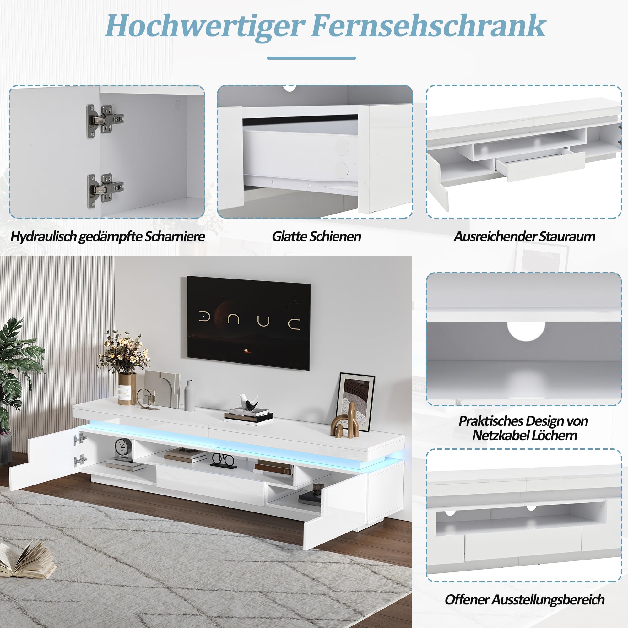 Meuble TV à Haute luminosité avec LED Portes tiroir Panneau Bas pour TV Jusqu’à 75 Pouces Meubles de Base avec Espace de Rangement Semi-Ouvert pour Le Salon Table d’Armoire TV Blanc
