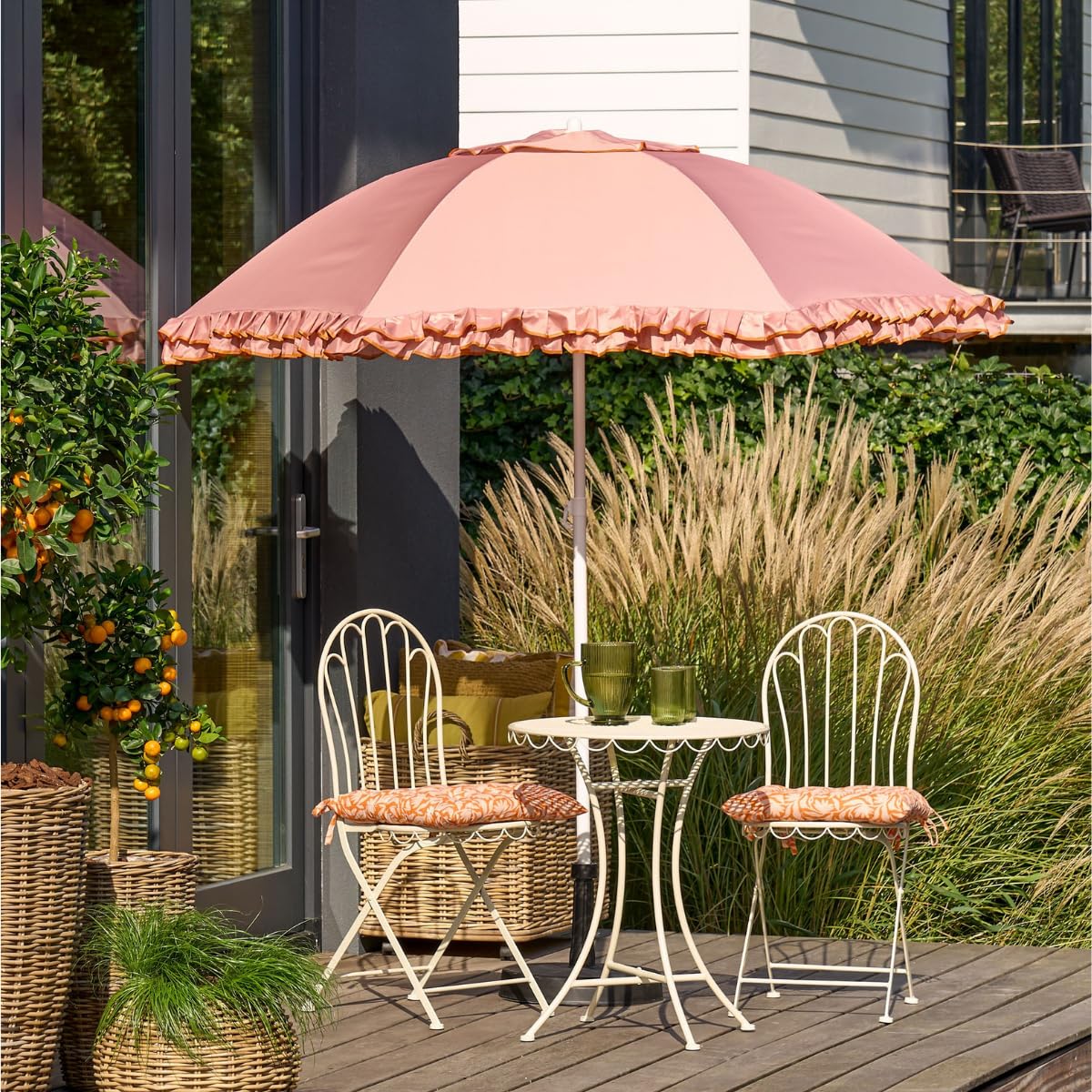 Mica Decoration Neigbarer Sonnenschirm mit Rüschen - Stockschirm 238 x Ø195 cm - Garten oder Balkon Sonnenschutz - Polyester, Stahl - Pfirsich