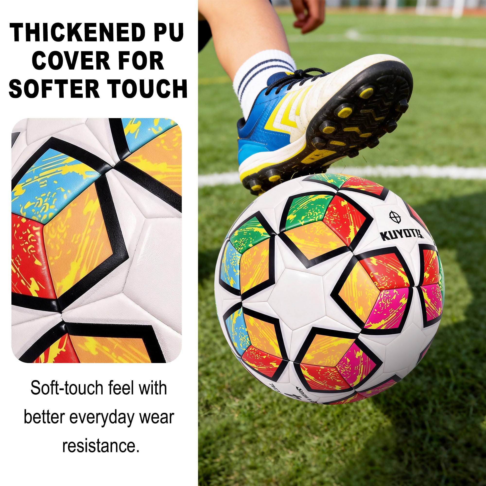 KUYOTQ Fußball, 2026 Colorway-Design, inspiriert von den USA, Kanada und Mexiko, verdickter PU-Bezug, weiche, verschleißfeste Oberfläche, Nylon-umwickelte Blase, Größe 4, für Kinder und Jugendliche